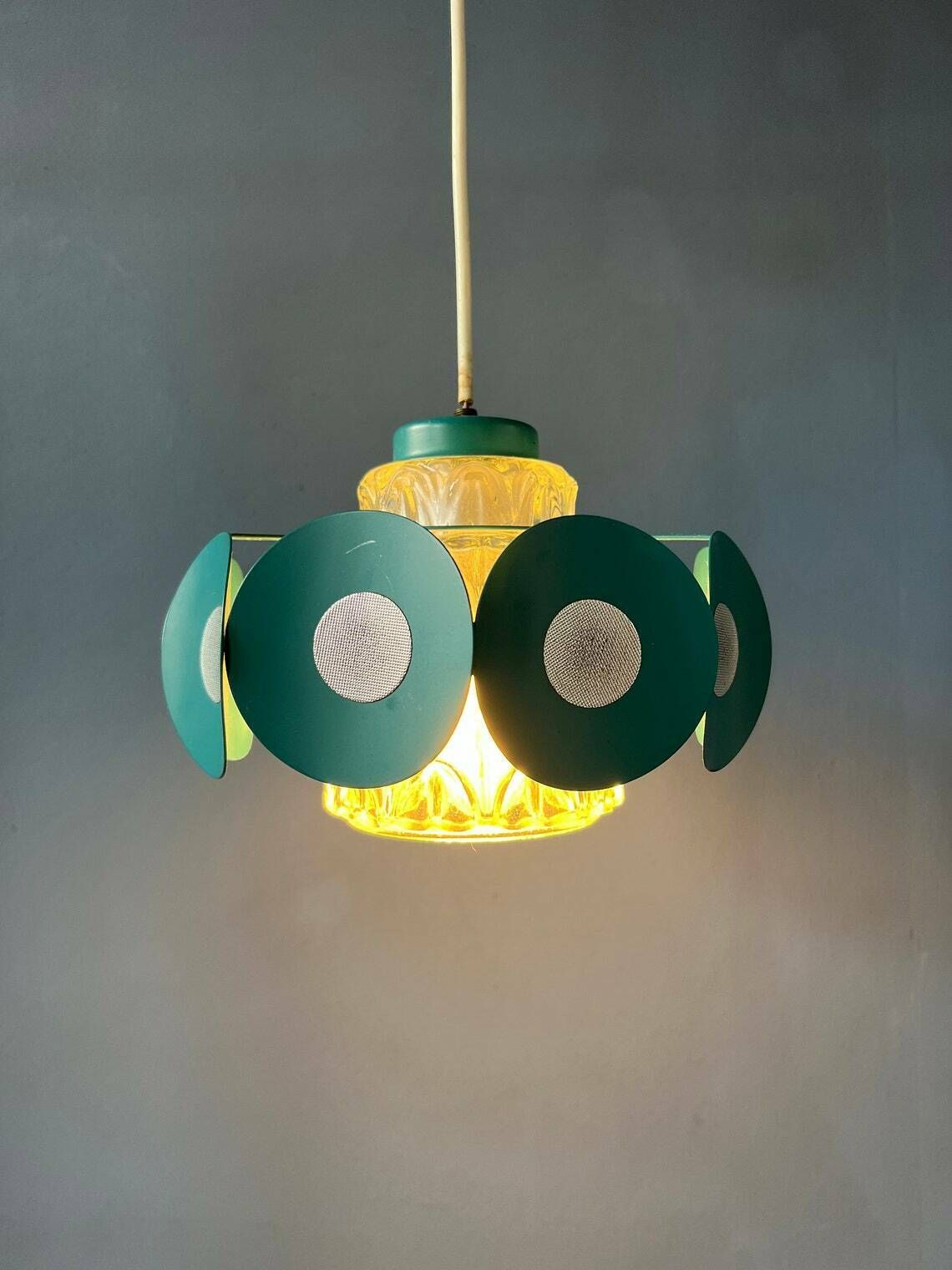 Space Age Hanglamp Met Glazen Kap En Groen/Blauw Metalen Frame