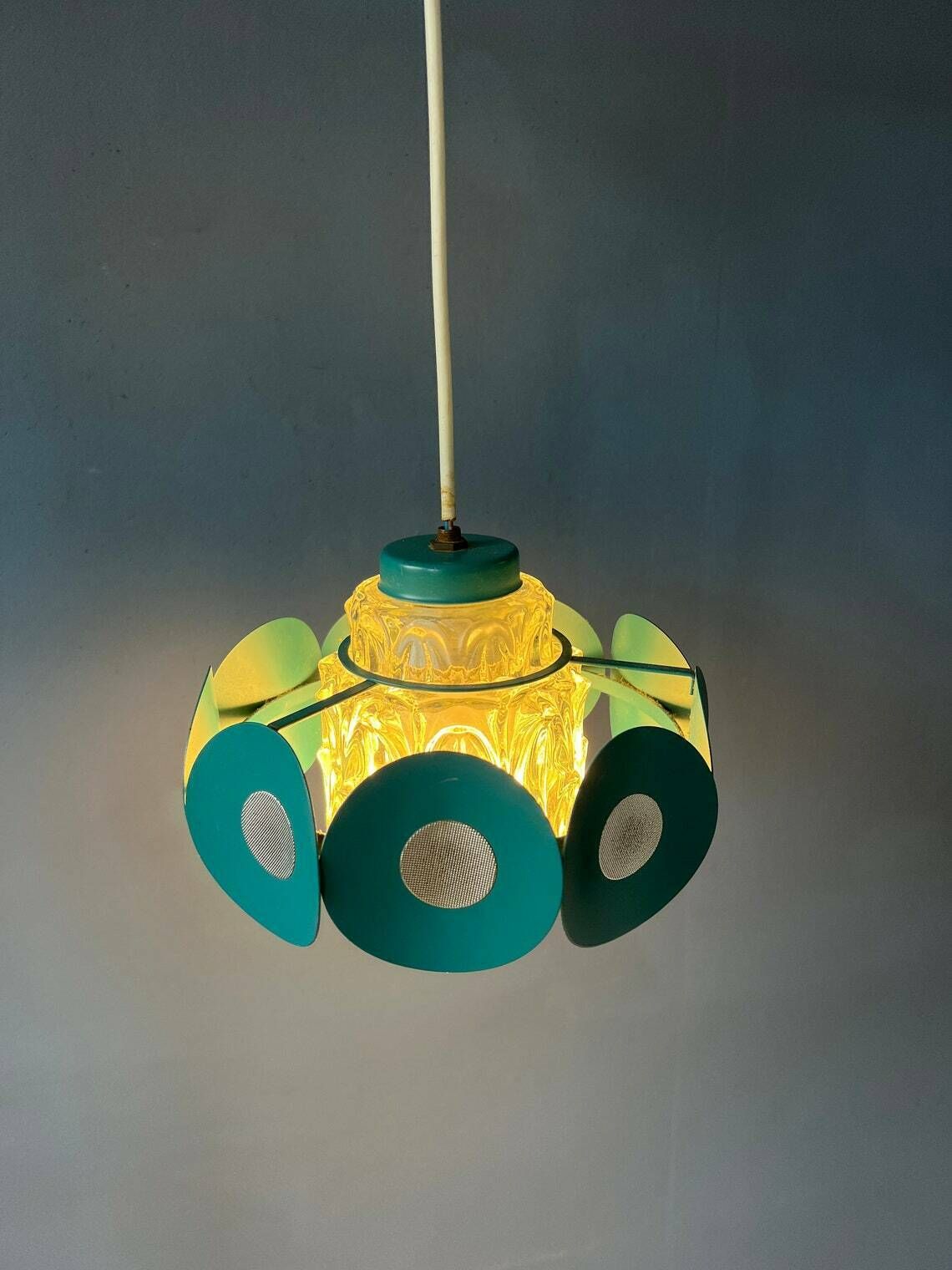Space Age Hanglamp Met Glazen Kap En Groen/Blauw Metalen Frame photo furniture