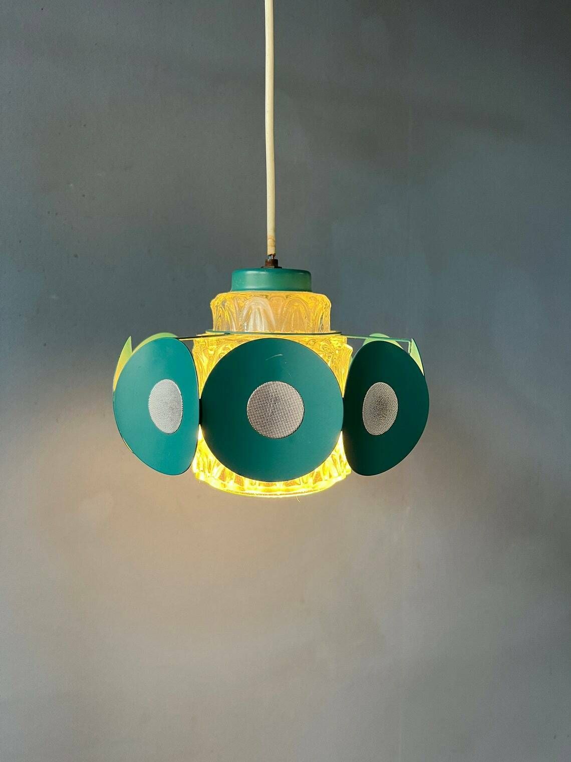 Space Age Hanglamp Met Glazen Kap En Groen/Blauw Metalen Frame photo 195.0