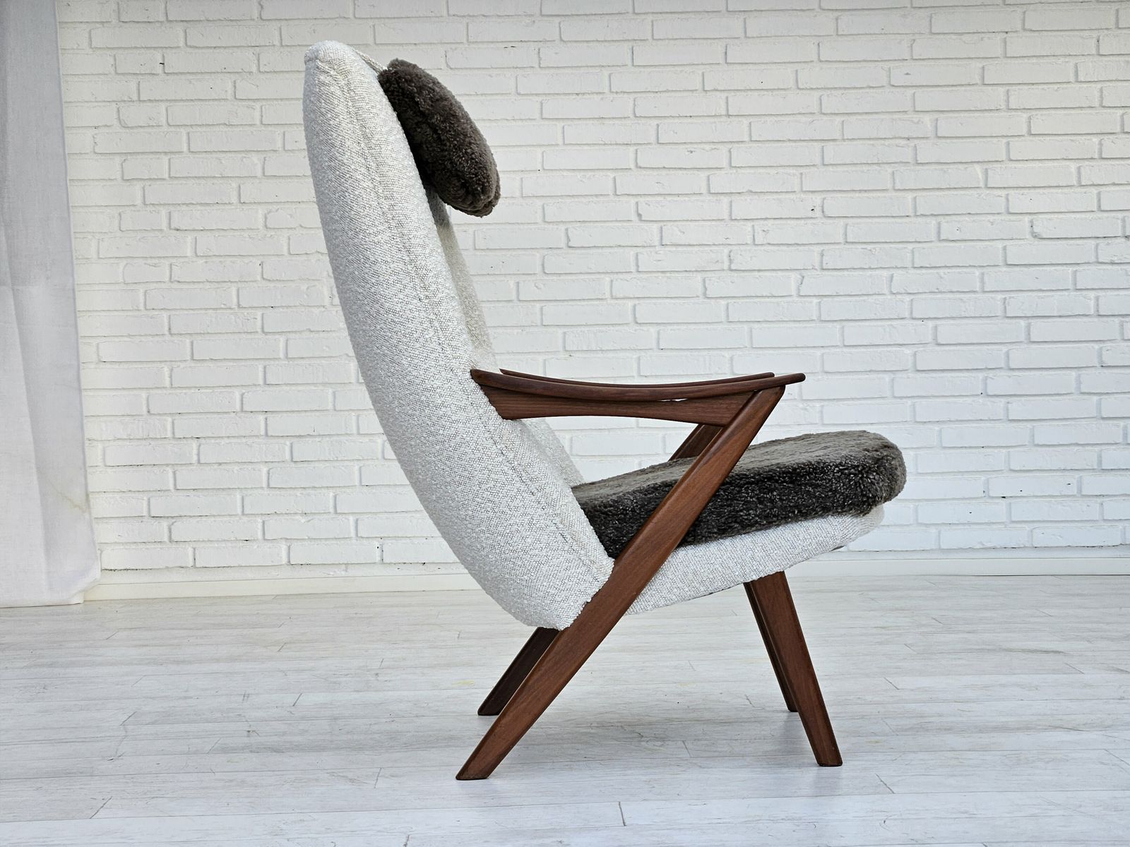 1960s, Scandinavian Design, Reupholstered Armchair, Furniture Fabric, Genuine Sheepskin, Teak. photo furniture