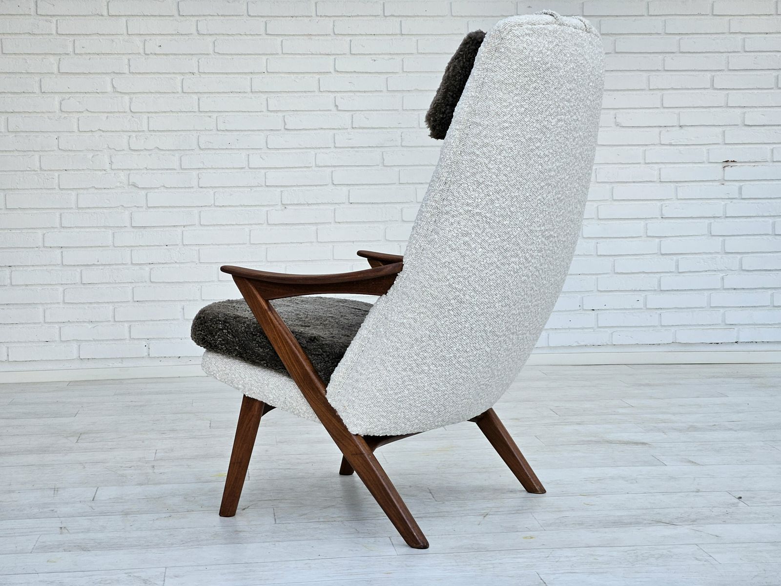 1960s, Scandinavian Design, Reupholstered Armchair, Furniture Fabric, Genuine Sheepskin, Teak. photo for sale