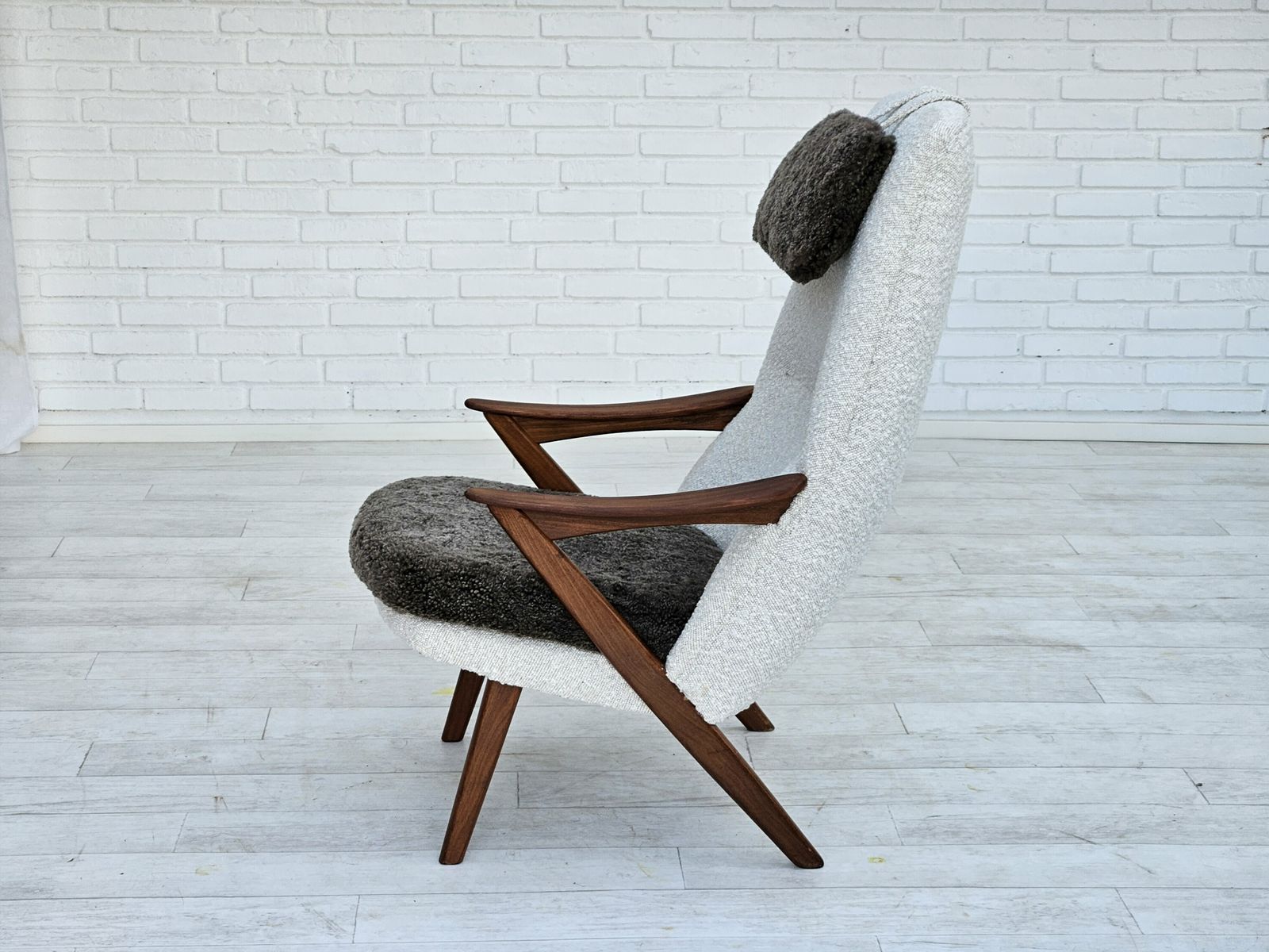 1960s, Scandinavian Design, Reupholstered Armchair, Furniture Fabric, Genuine Sheepskin, Teak. photo vinterior