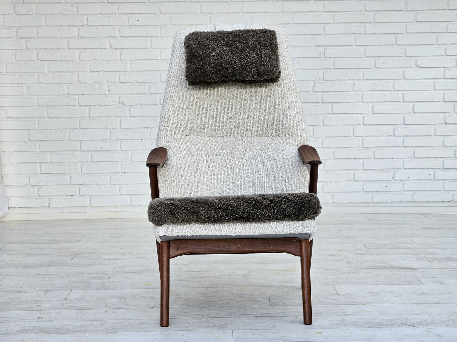 1960s, Scandinavian Design, Reupholstered Armchair, Furniture Fabric, Genuine Sheepskin, Teak. photo vintage