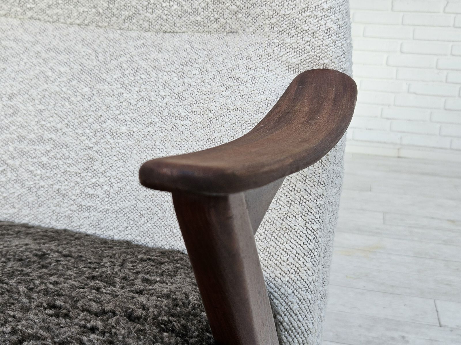 photo buy 1960s, Scandinavian Design, Reupholstered Armchair, Furniture Fabric, Genuine Sheepskin, Teak.