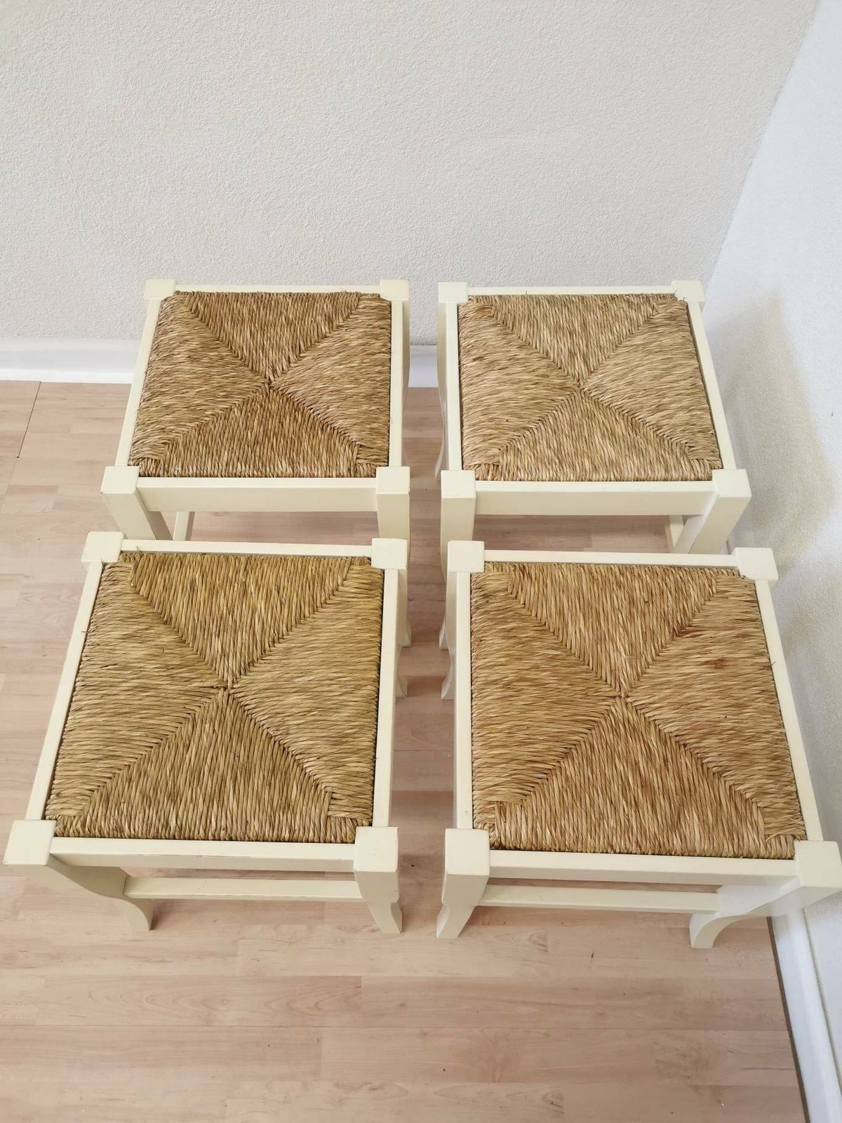 photo for sale Set Of 4 Vintage White Wooden Stools With Thatched Seating / 1970s Yugoslavia / Boho Farmhouse Country Cottage Interior / Living Room Ideas