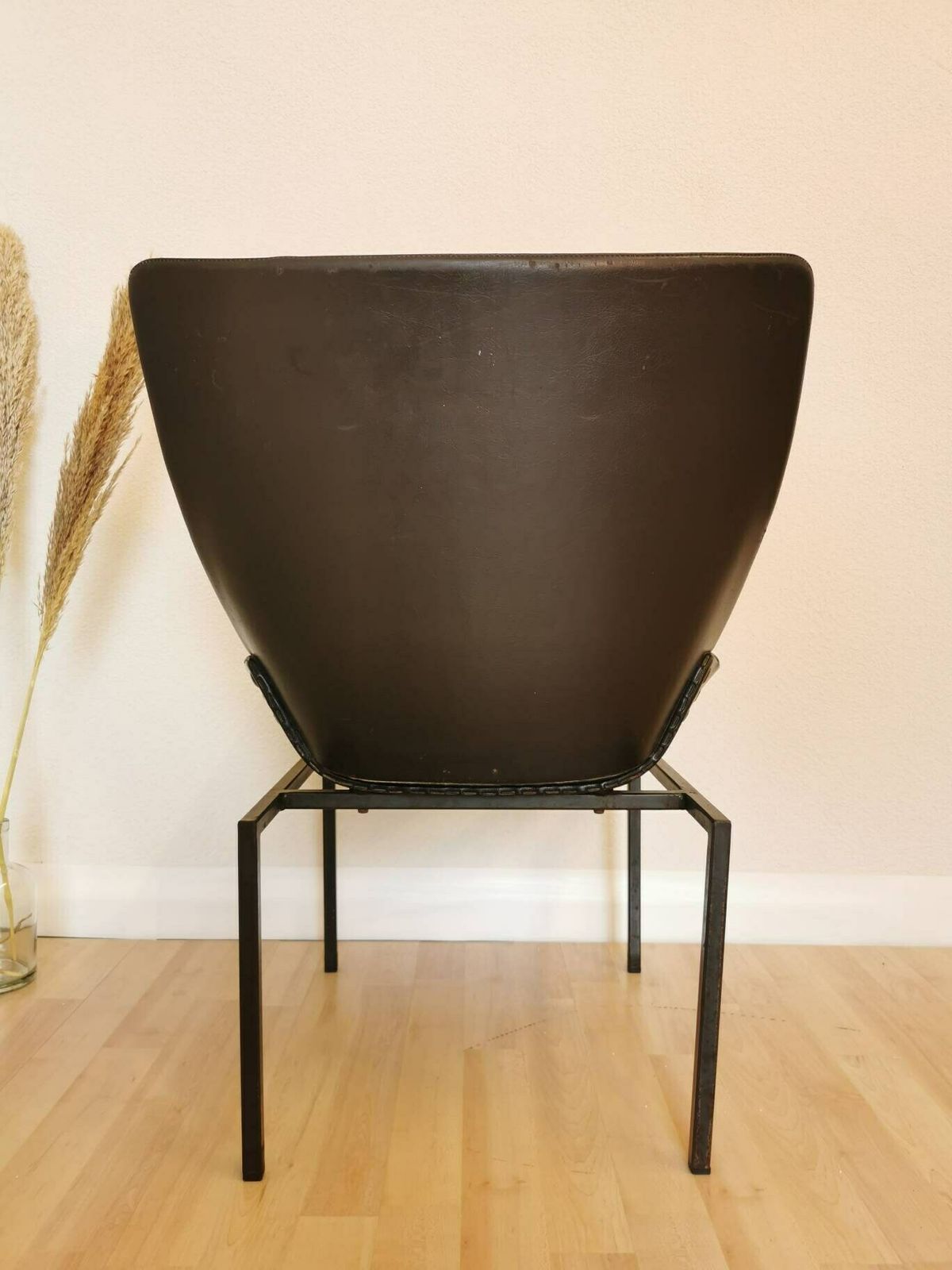 Vintage Lupina Shell Chair / Metal Square Frame / Niko Kralj Design, 1956, Stol Kamnik / Black Leather / Office Lounge Chair / 1099fk / Rare photo furniture