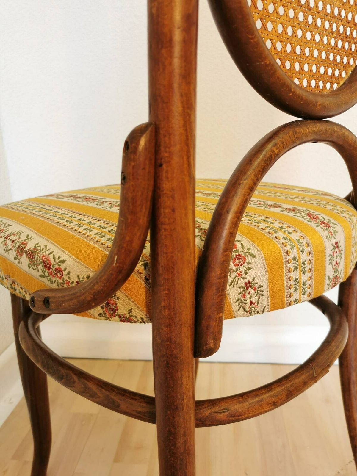 Vintage Thonet Chair With Retro Fabric / Cane Backrest / Bentwood Technique / Yugoslavia 1970s / Wooden High Backrest Dine Chair / Wicker photo for sale