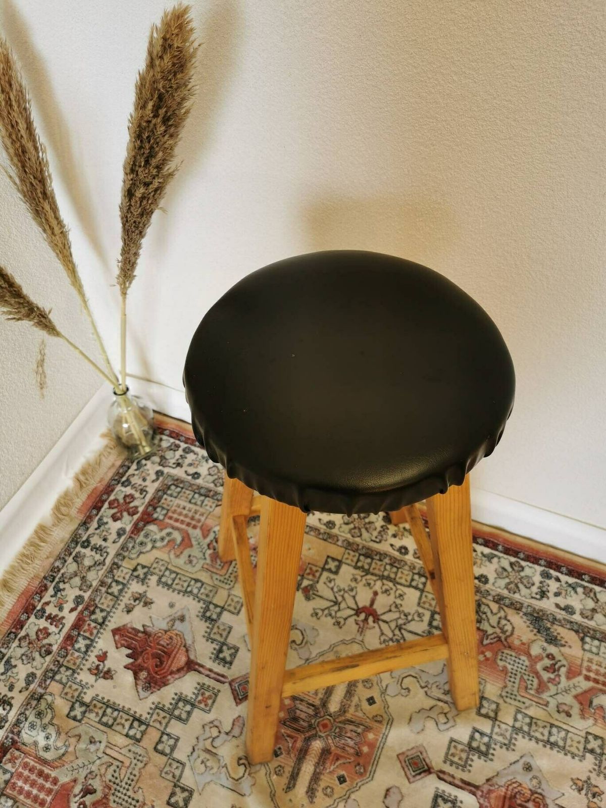 Vintage Wooden Bar Stool With Black Leather Seating / Made In Yugoslavia / 1980s / Mid Century Bistro High Side Chair / Industrial Kitchen photo 198.0