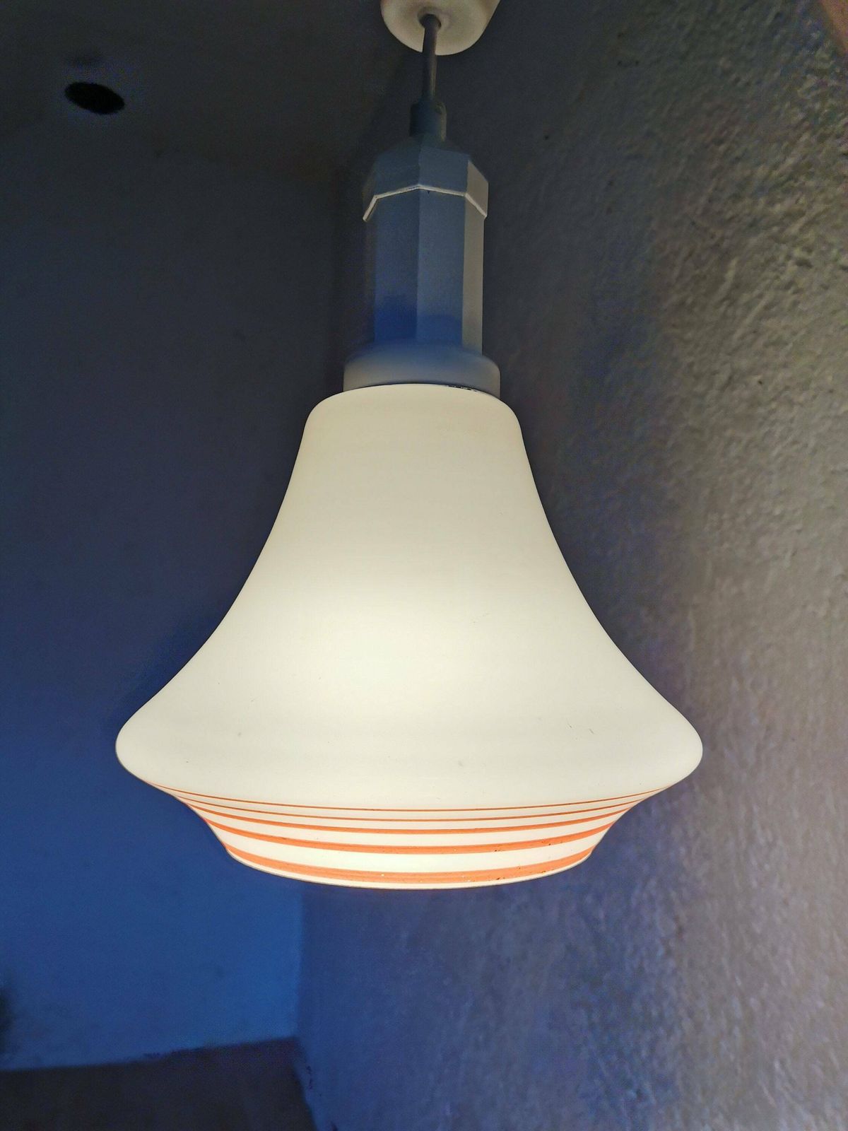 Retro Pendant Light White Glass With Orange Stripes By Sijaj Hrastnik, 1980s, Yugoslavia / Vintage Lamp / Mid Century