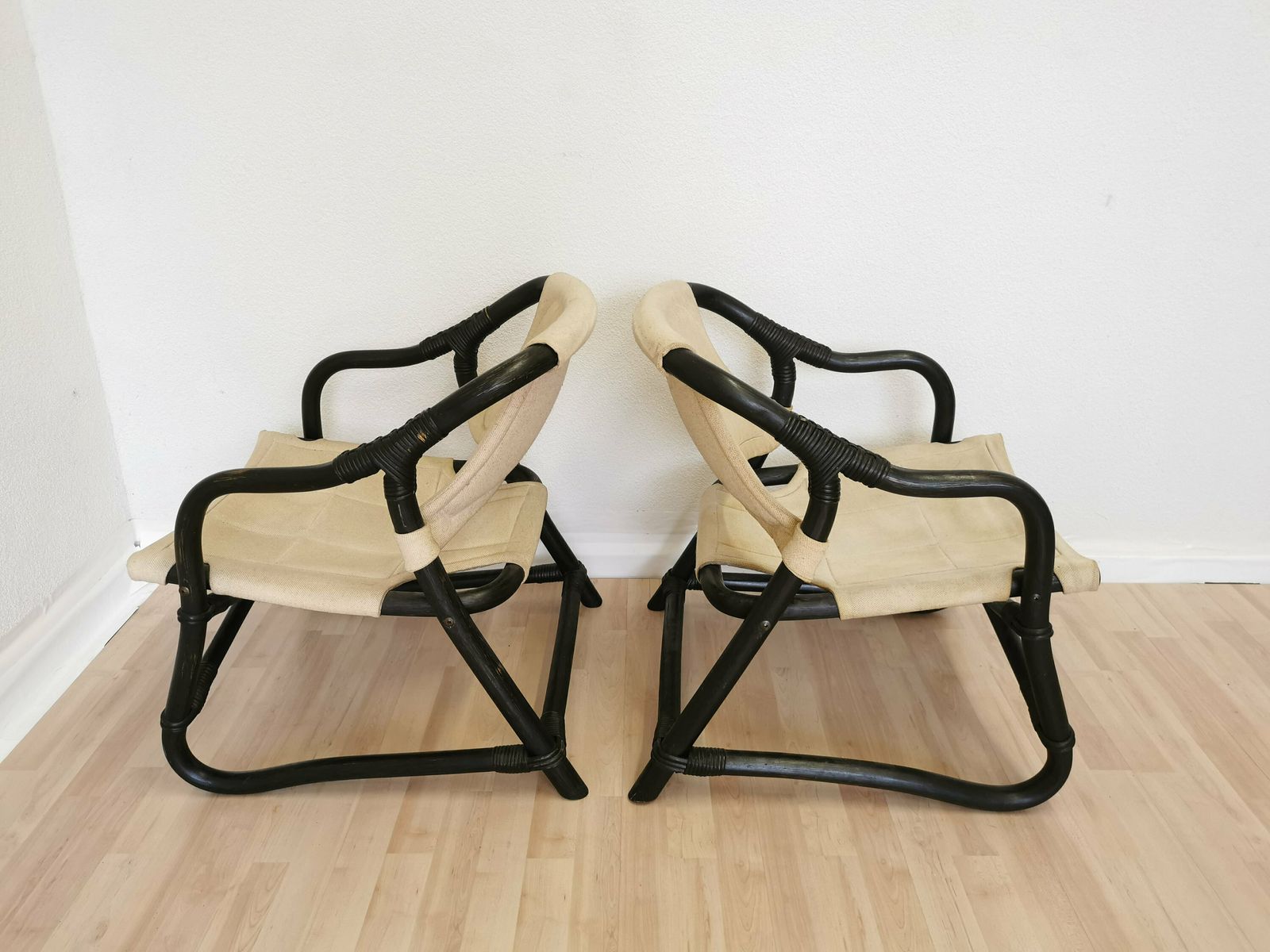 Set Of 2 Vintage Espri Safari Lounge Armchairs / Rare Mid Century Black Bamboo And Beige Fabric Easy Chairs / 1970s By Ikea, Sweden photo for sale
