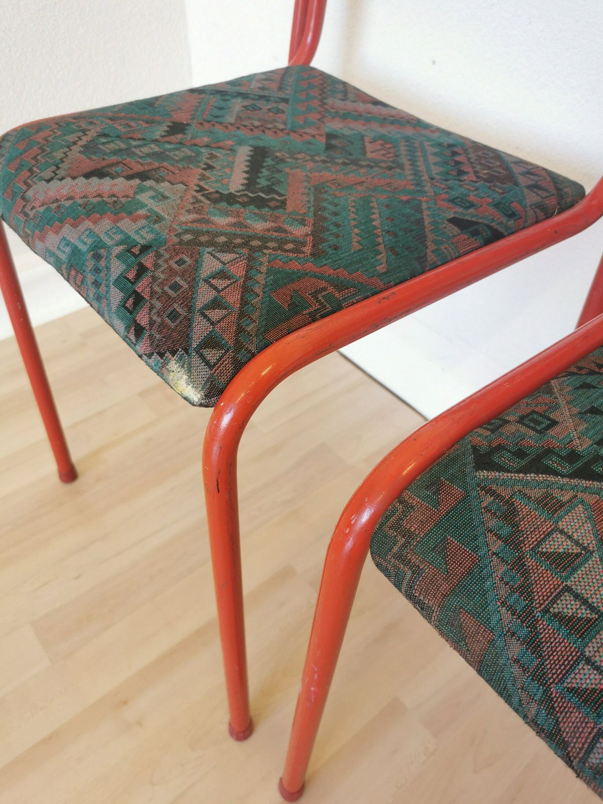 Set Of 2 Red Metal Chairs With Retro Fabric / Funky Dine Chairs / 1970s, Yugoslavia / Baša / Space Age Dining Room / Stackable Chrome Tubular photo furniture