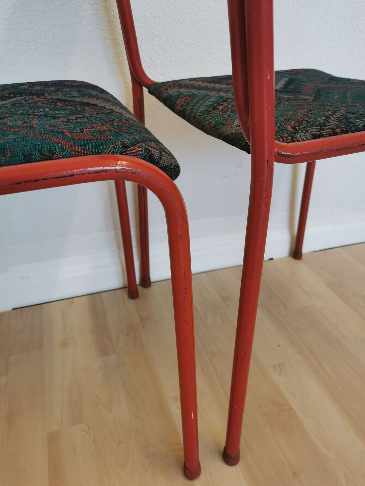 photo furniture Set Of 2 Red Metal Chairs With Retro Fabric / Funky Dine Chairs / 1970s, Yugoslavia / Baša / Space Age Dining Room / Stackable Chrome Tubular