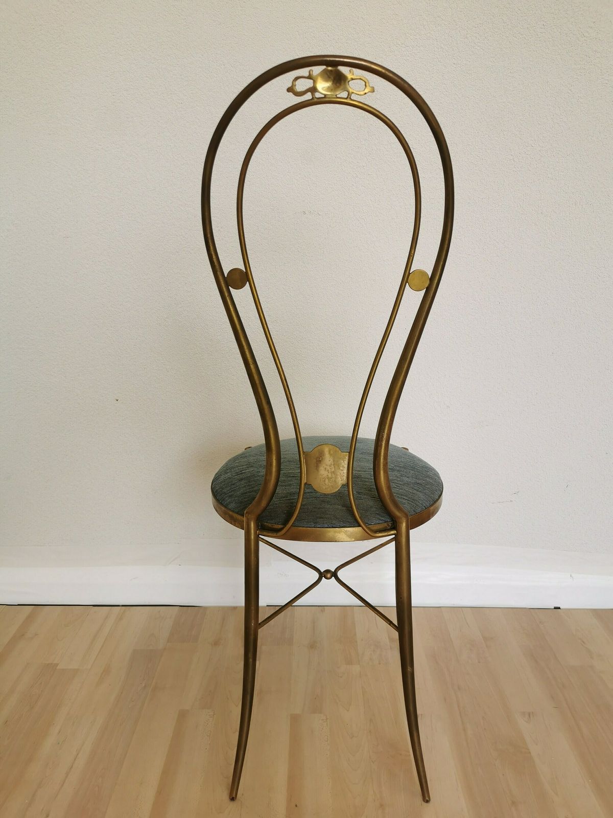 Vintage Desk Chair Made In Chiavari Vanity Style By Paolo Buffa 1950s / Italian Brass Dine Chair 50s Italy / Blue Fabric Seat photo buy