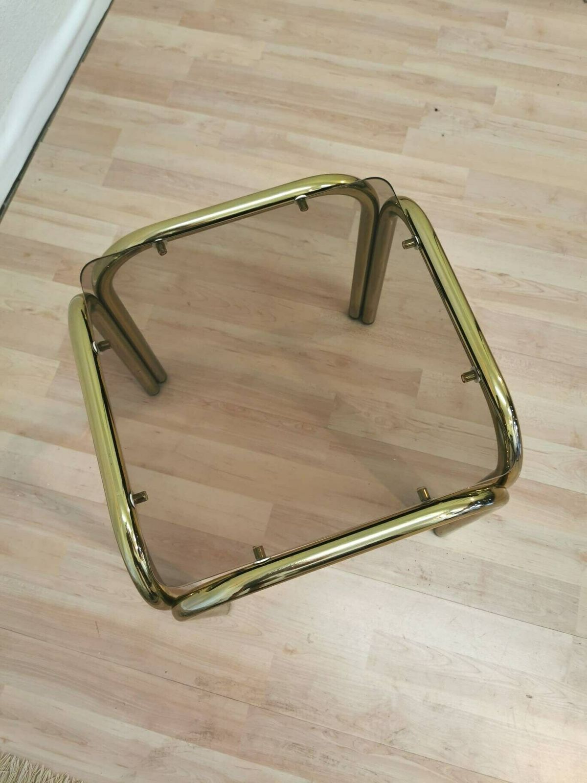 Mid Century Coffee Table / Vintage Brass Look End Table With Smoked Glass / Golden Vintage Small Table / Rectangular / Italian Design photo vintage