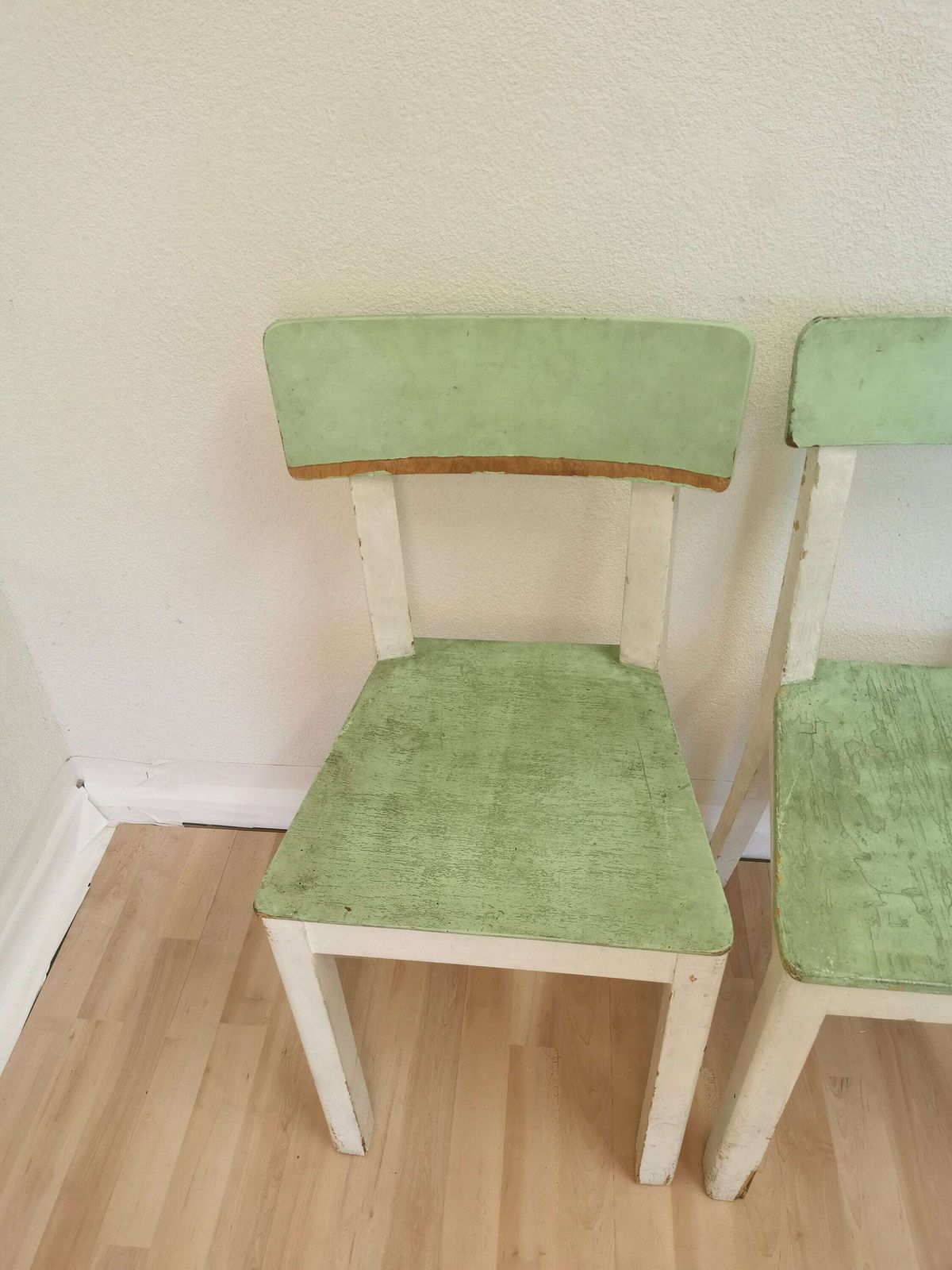 Set Of 2 Vintage Wooden Dine Chairs In White And Green / 1970s Farmhouse Country Cottage Dining Chairs With Original Patina / Cozy Interior / photo for sale