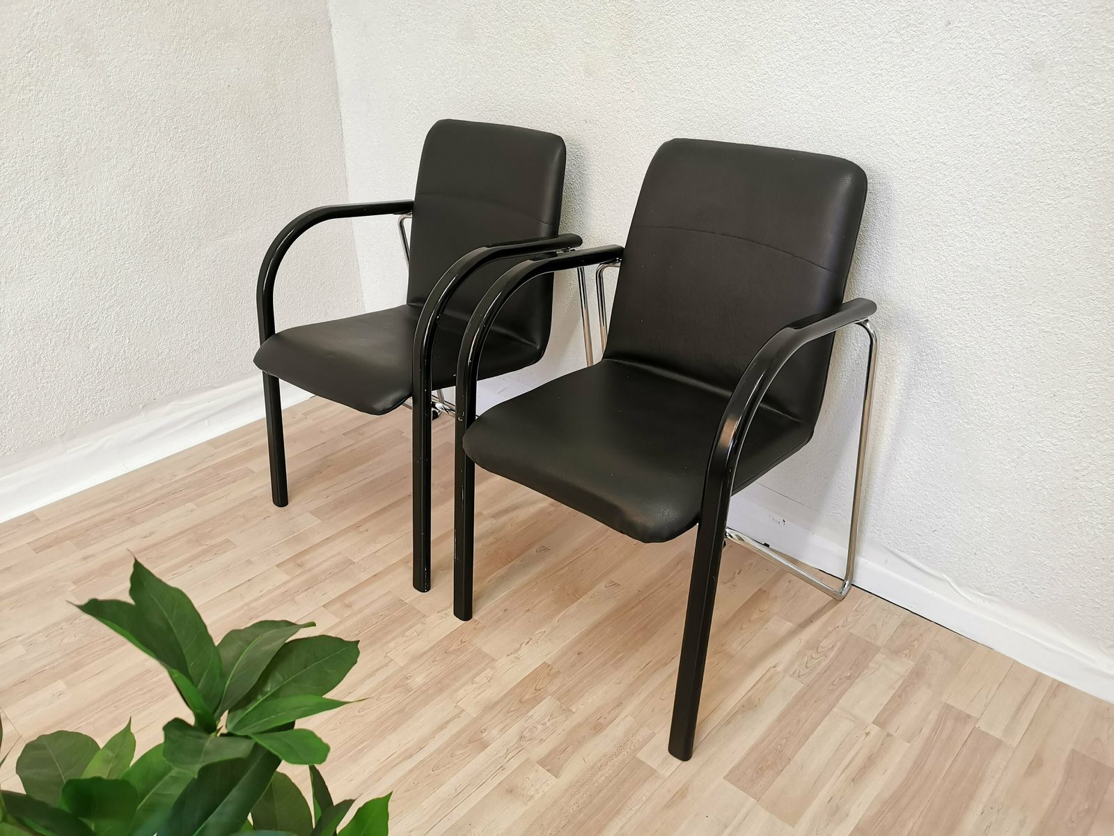 Set Of 2 Vintage Office Chairs In Black Leather Chrome Base Plastic Armrests / 1980s Waiting Room Chairs / Mid Century Italian Modern photo furniture
