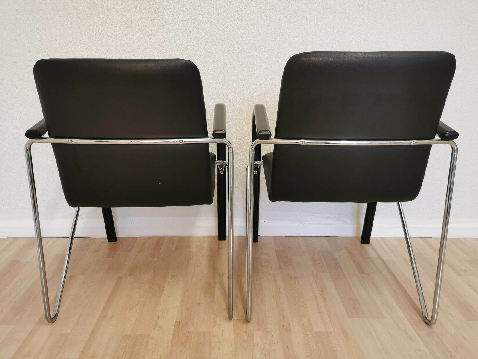Set Of 2 Vintage Office Chairs In Black Leather Chrome Base Plastic Armrests / 1980s Waiting Room Chairs / Mid Century Italian Modern photo Furniture