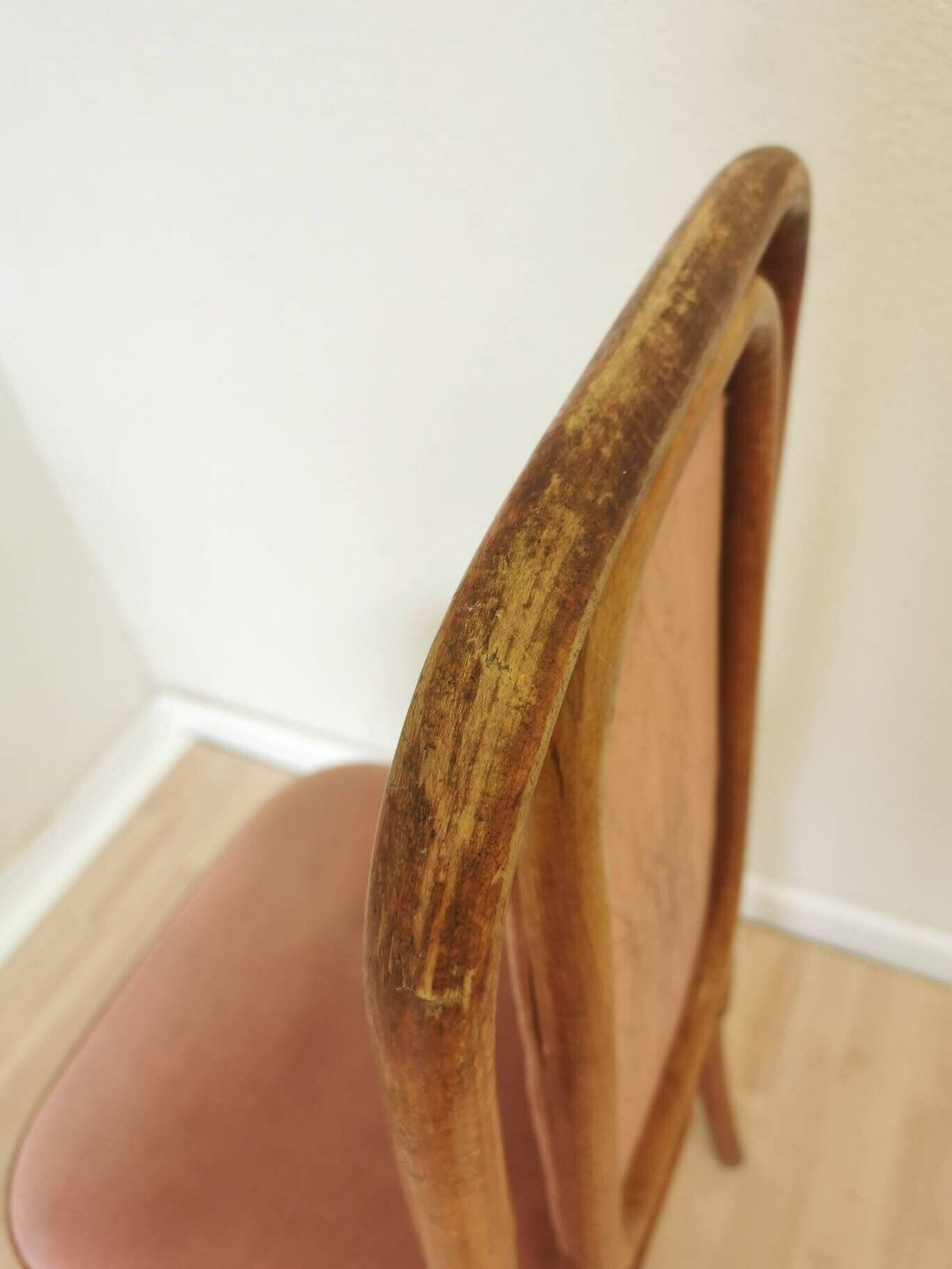 Vintage Wooden Dine Chair In Thonet Sytle With High Backrest And Cushioned Seat In Brown Pink / 1970s, Yugoslavia / Mid Century Dining Chair photo furniture