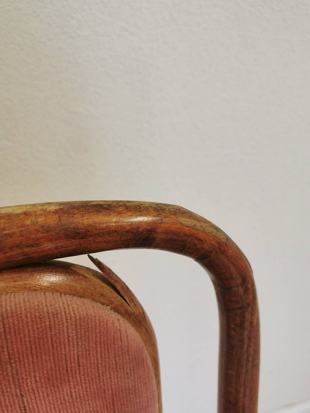 Vintage Wooden Dine Chair In Thonet Sytle With High Backrest And Cushioned Seat In Brown Pink / 1970s, Yugoslavia / Mid Century Dining Chair photo for sale