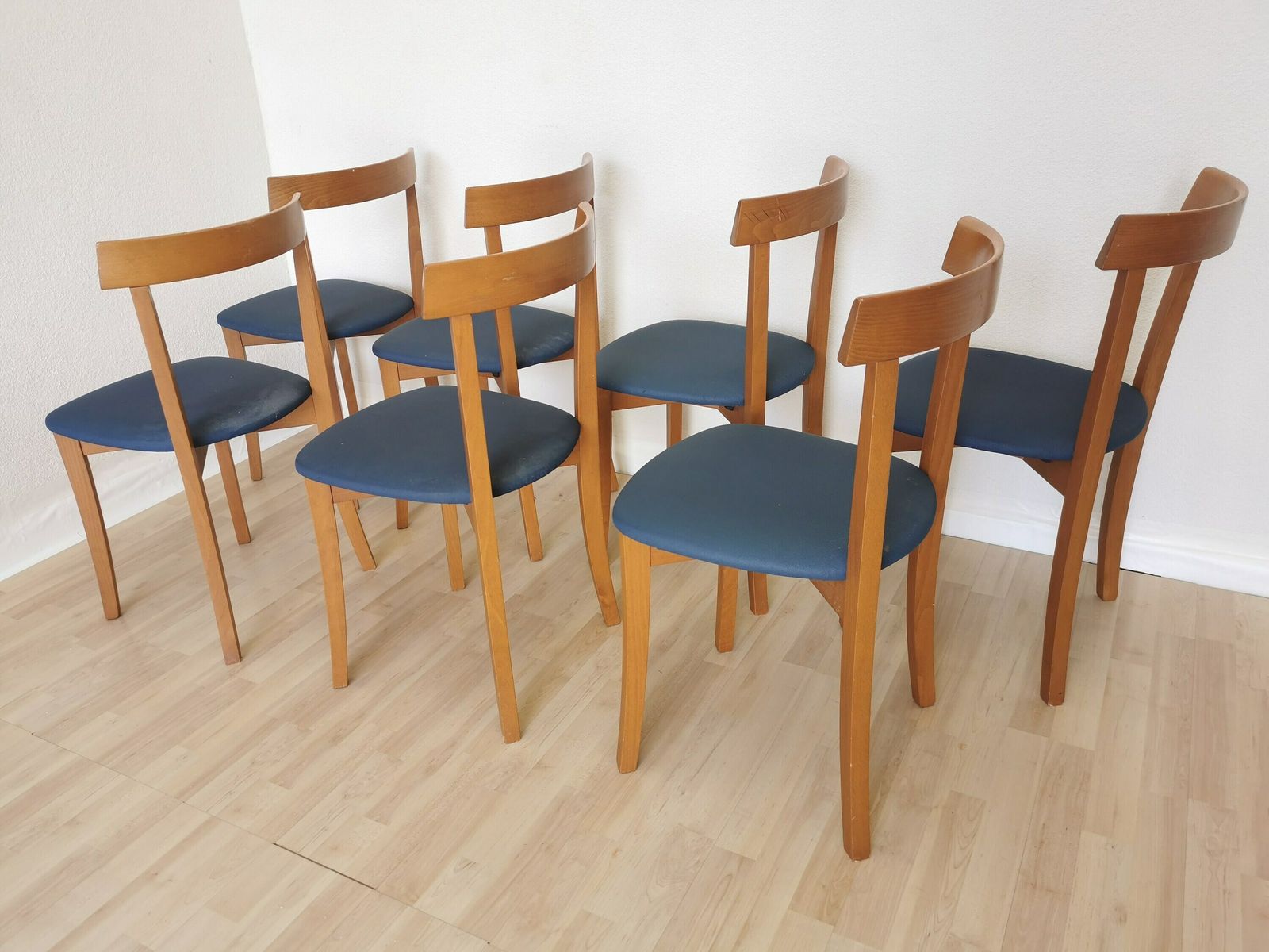 1 Of 7 Vintage Dining Chairs By Calligaris / Italy 1990s / Wooden Dine Chairs With Blue Fabric Seat / Mid Century Italian Design For Bistro photo furniture