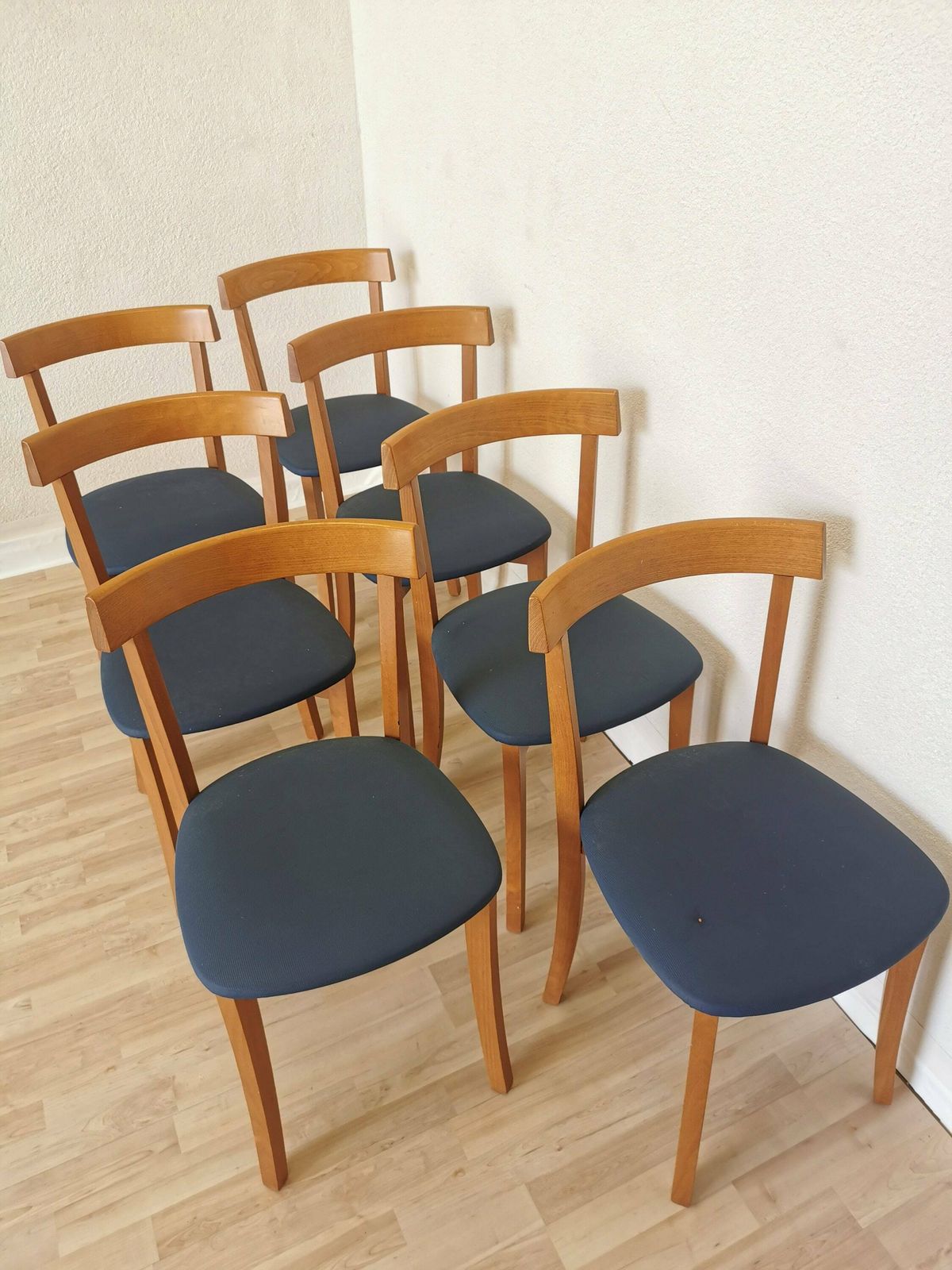 1 Of 7 Vintage Dining Chairs By Calligaris / Italy 1990s / Wooden Dine Chairs With Blue Fabric Seat / Mid Century Italian Design For Bistro photo for sale