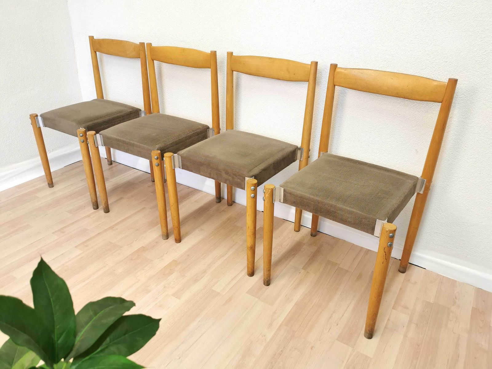 Set Of 4 Vintage Dine Chairs By Miroslav Navratil / 1970s Czechoslovakia / Mid Century Wooden Dining Chairs / Gray Fabric With Blue Stripes