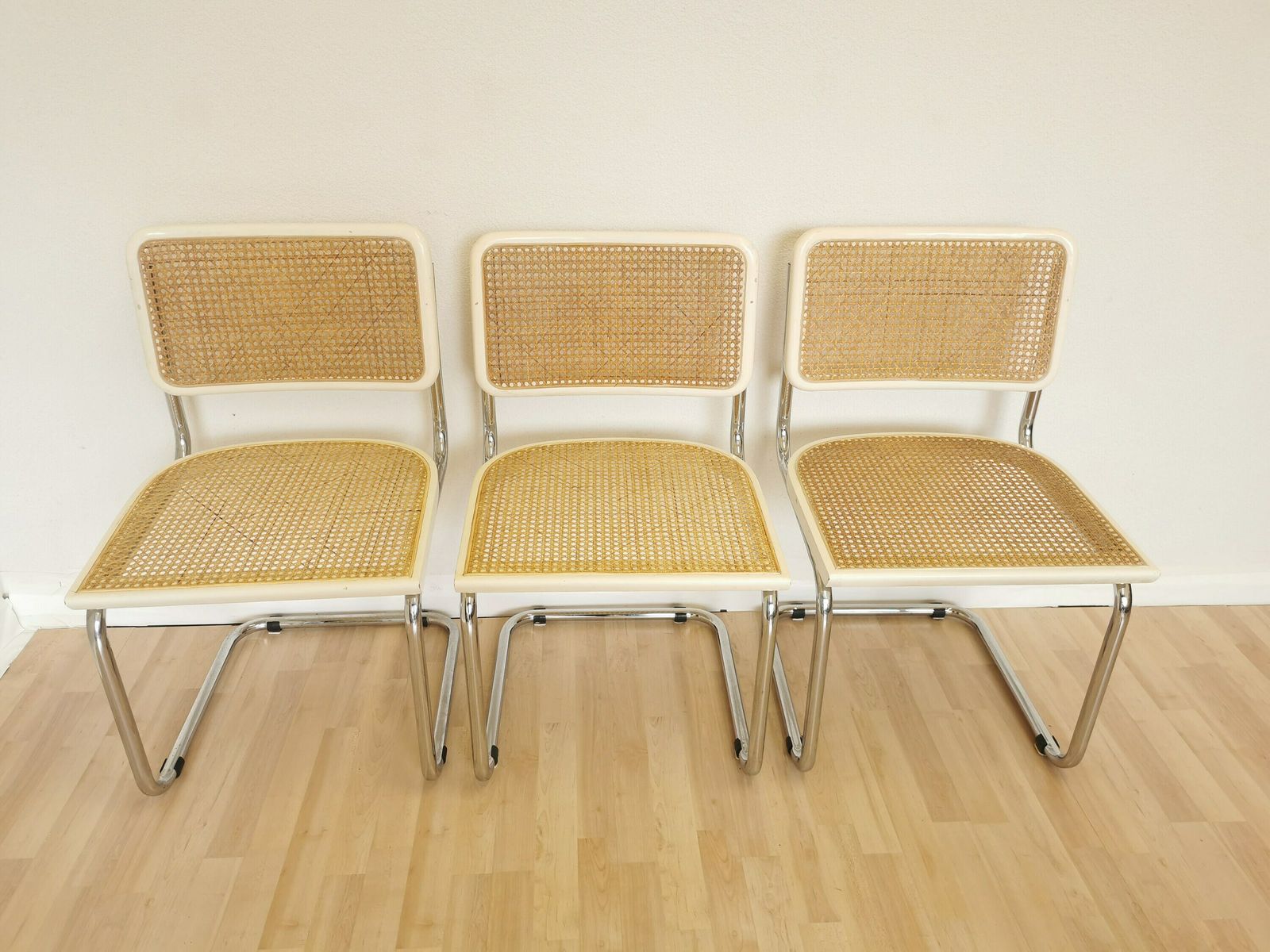 Set Of 3 Vintage White Cesca Chairs By Marcel Breuer / Mid Century Italian Dining Chair B32 Knoll / 1970s / Wicker/ Dining /Dine Chairs/ Mcm photo furniture