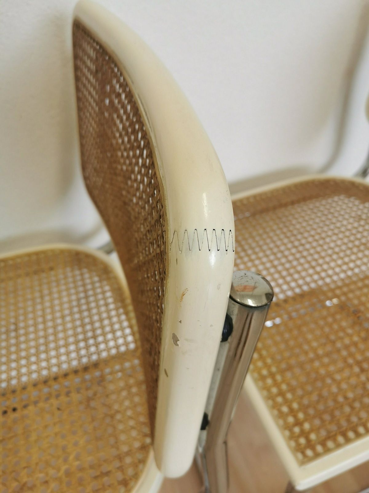 photo for sale Set Of 3 Vintage White Cesca Chairs By Marcel Breuer / Mid Century Italian Dining Chair B32 Knoll / 1970s / Wicker/ Dining /Dine Chairs/ Mcm