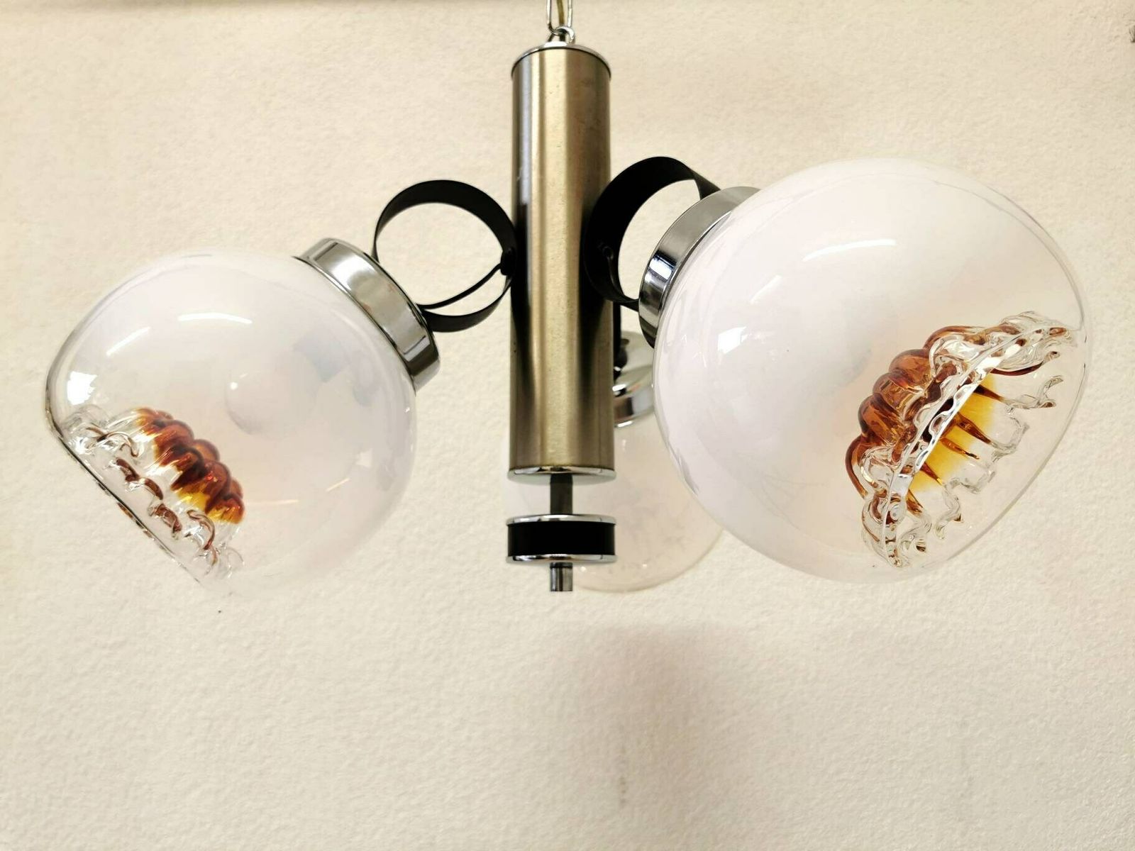 Vintage Mazzega Light / Murano Glass Chandelier / 1970s, Italy / Mid Century Italian Design / White & Orange Pendant Light 70s Ceiling Lamp photo furniture