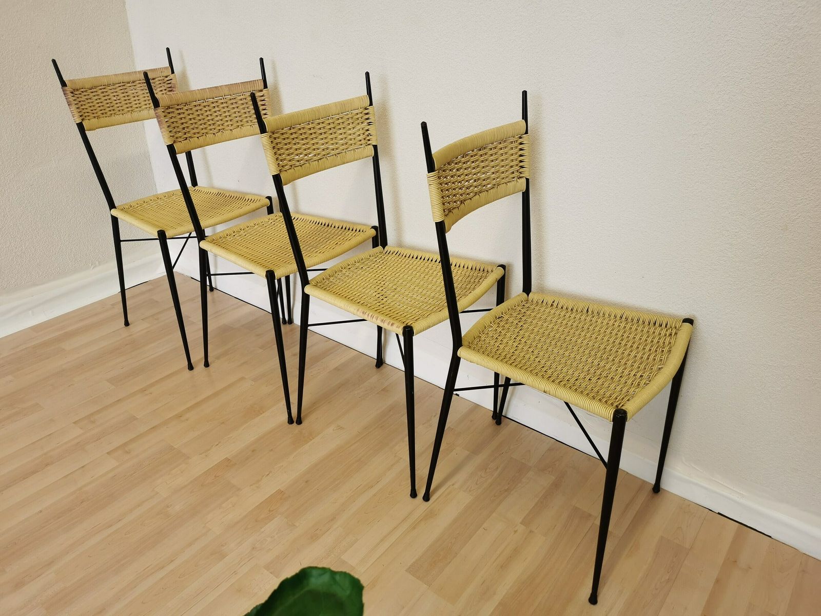 Set Of 4 Vintage Dine Chairs Made In Italy In The 1970s / Mid Century Outdoor Or Indoor Dining Chairs From Metal And Plastic In Rattan Look photo for sale