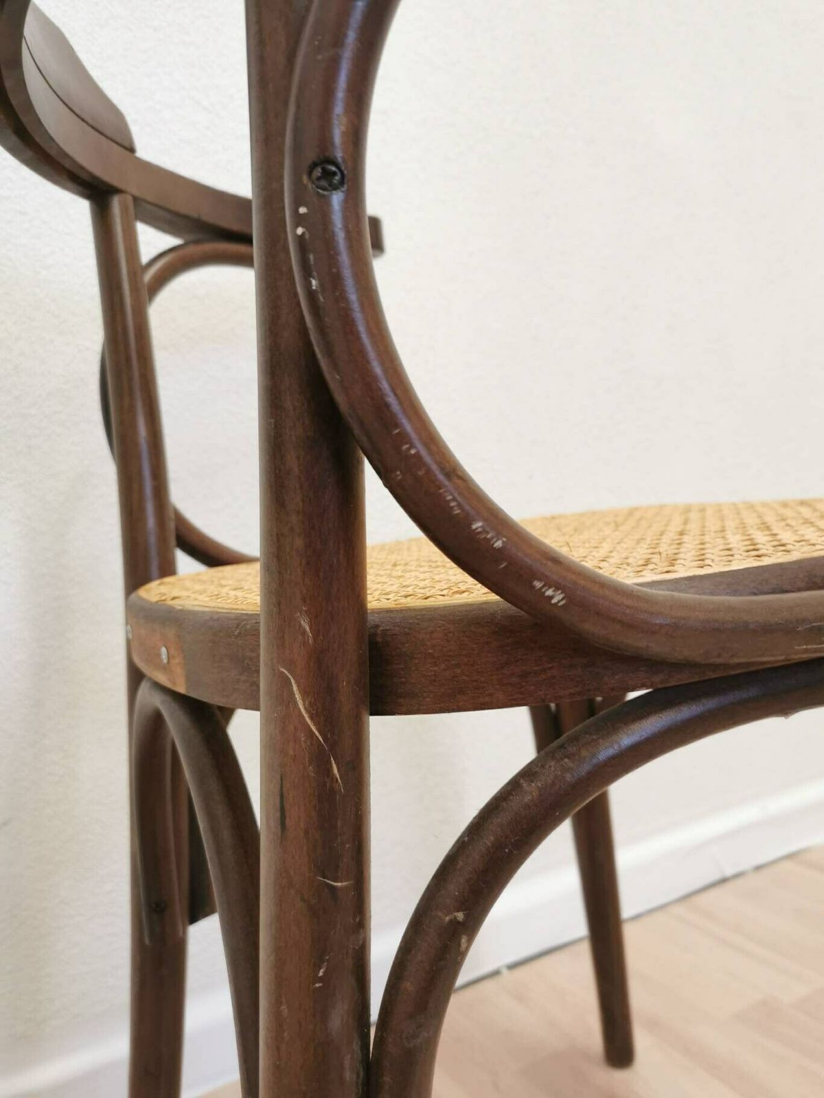 Vintage Wooden Dining Chair With Cane Seat In Thonet Sytle / Mid Century Dine Chair Made With Bentwood Technique / 1970s Interior Irish Pubi photo vintage