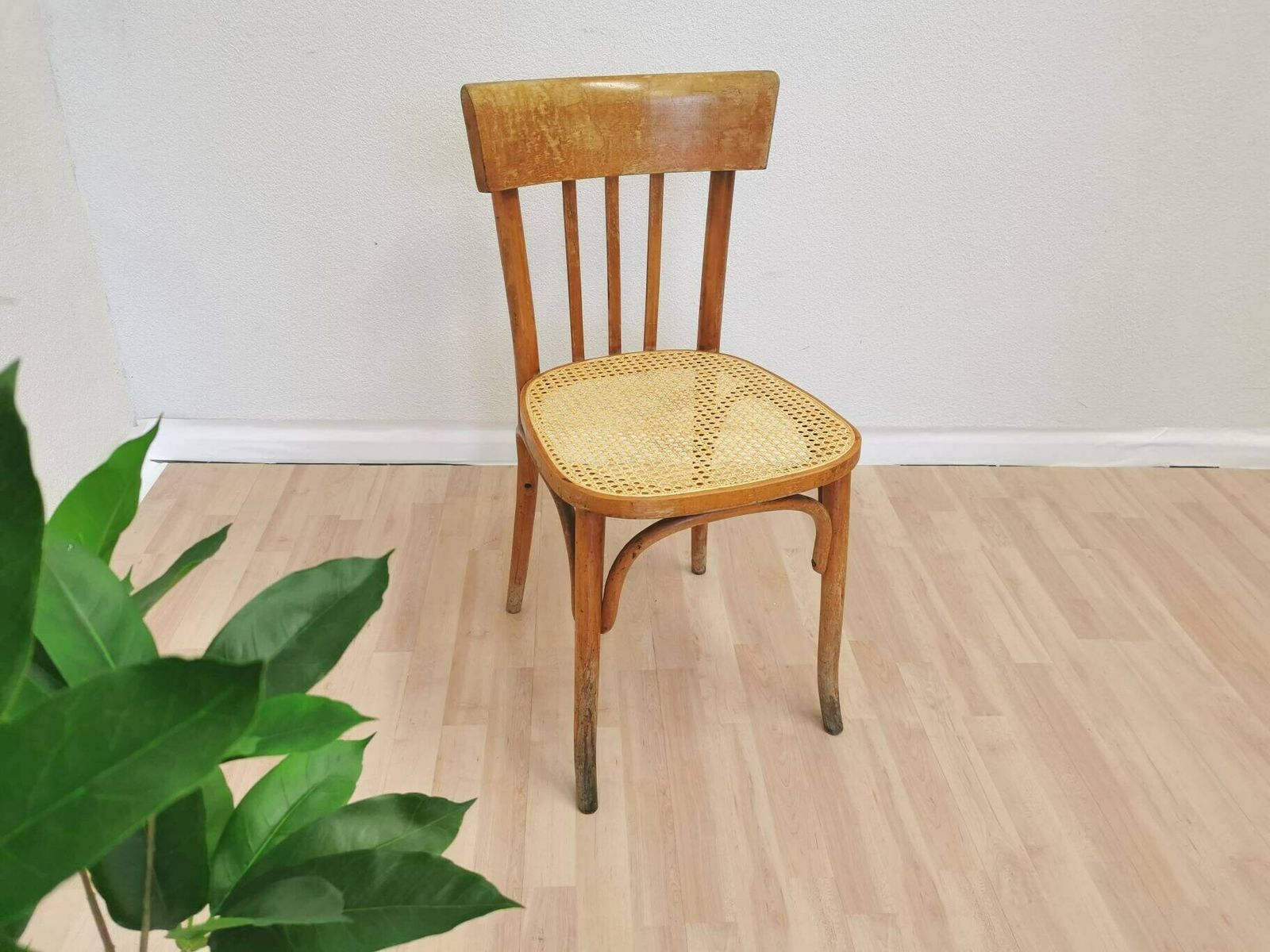 Vintage Wooden Dining Chair With Cane Seat / 1970s Yugoslavia / Mid Century Dine Chair / Wicker Chair With Patina In Boho Interior Design