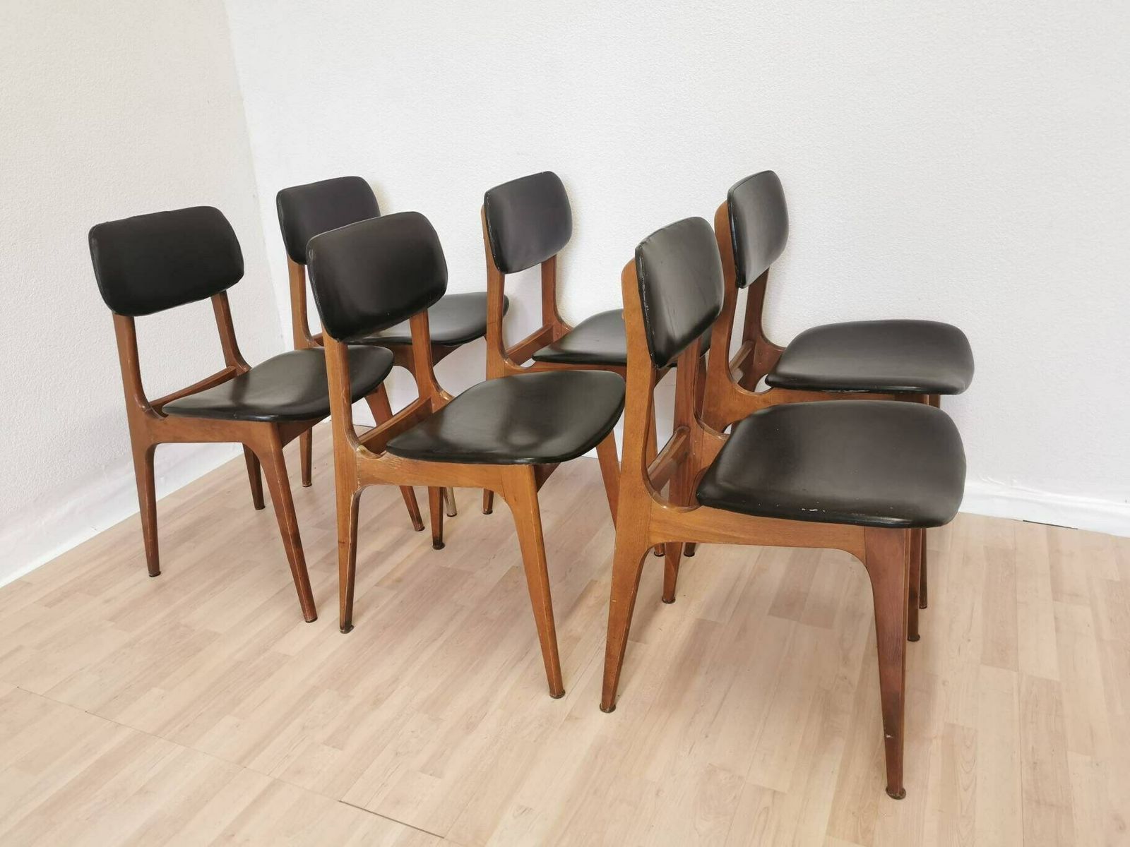 2 Chairs Left Vintage Wooden Dining Chairs With Black Leather Seat / Stol Kamnik 1970s / Yugoslavia Mid Century Dine Chairs / Bistro Bar Pub photo for sale