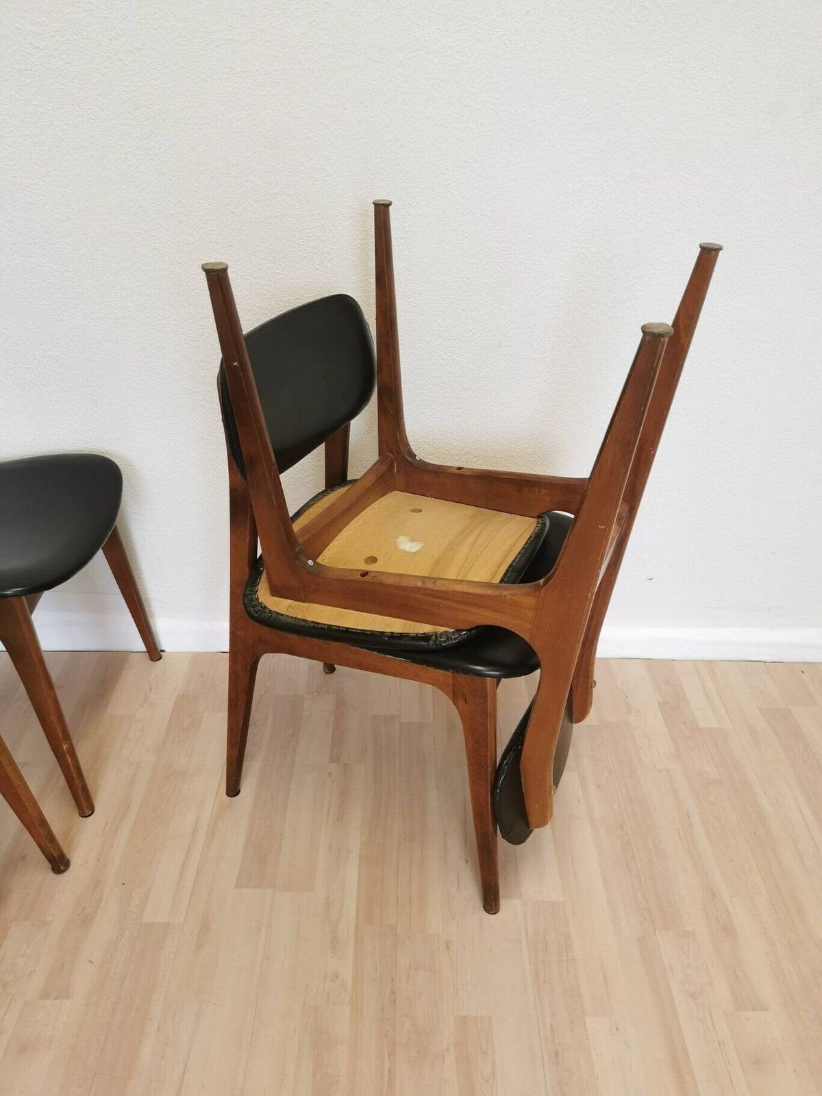photo for sale 2 Chairs Left Vintage Wooden Dining Chairs With Black Leather Seat / Stol Kamnik 1970s / Yugoslavia Mid Century Dine Chairs / Bistro Bar Pub