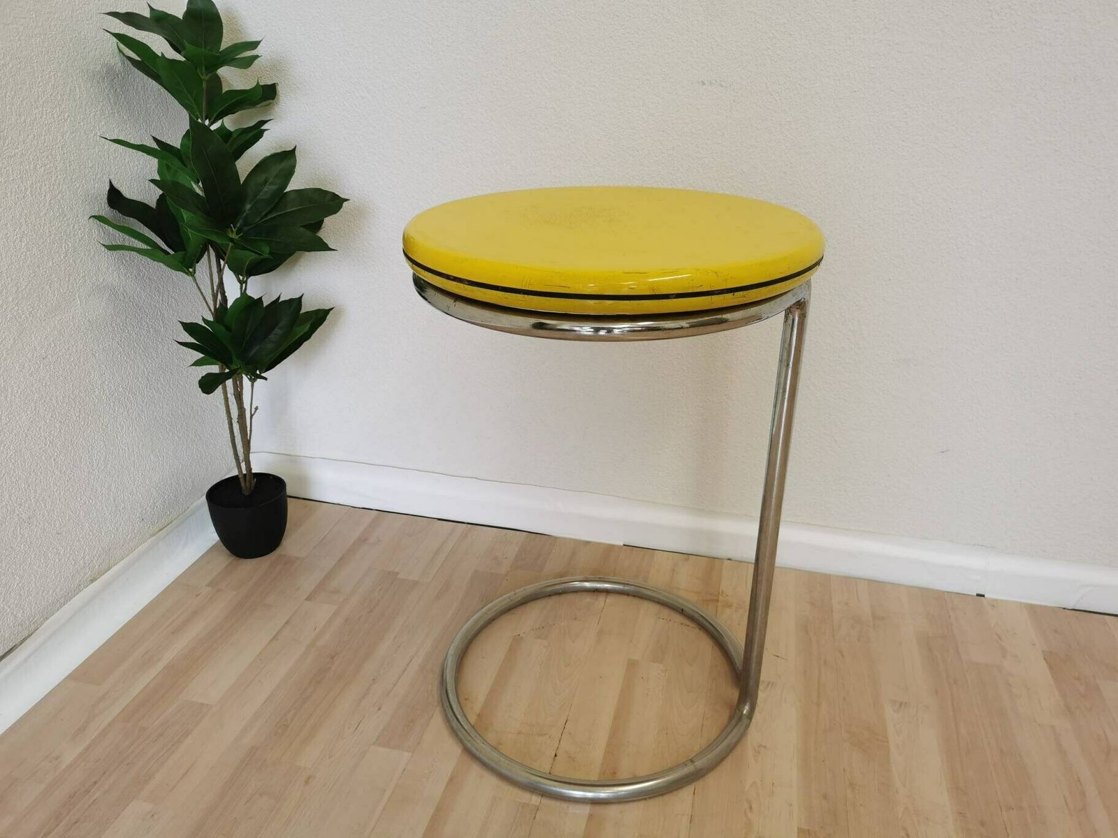 photo furniture Vintage Yellow Bar Table / Tubular Chrome Table In Bauhaus Style / Mid Century Modern Space Age End Table / High Coffee Round Table / 1970s