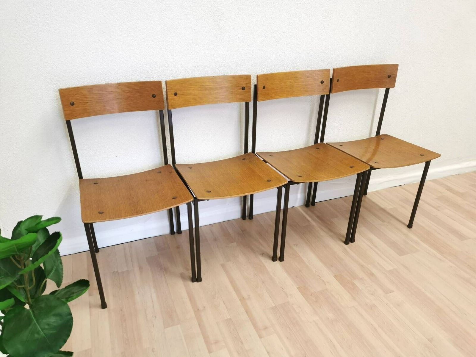 Set Of 4 Vintage School Square Chairs / Industrial Minimalist Dining Chair With Metal Frame And Wooden Seat / Mid Century Set Of Dine Chairs