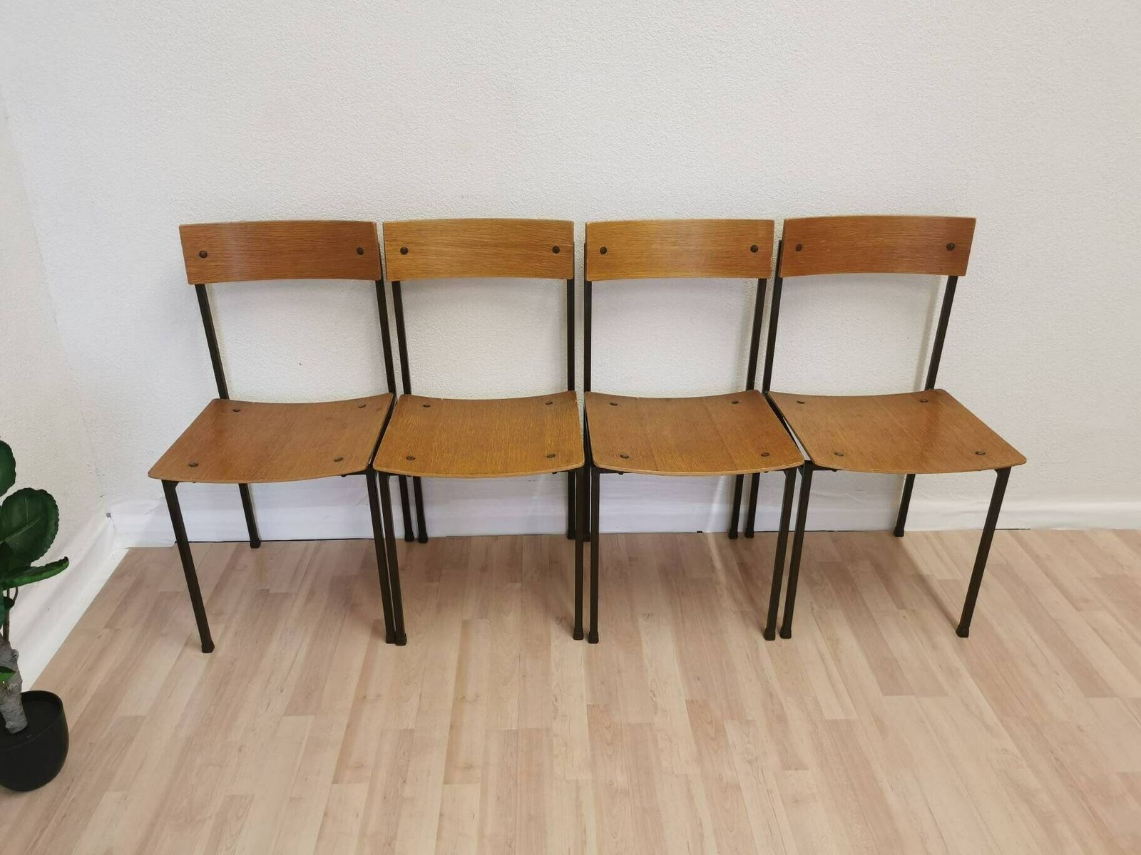 photo furniture Set Of 4 Vintage School Square Chairs / Industrial Minimalist Dining Chair With Metal Frame And Wooden Seat / Mid Century Set Of Dine Chairs