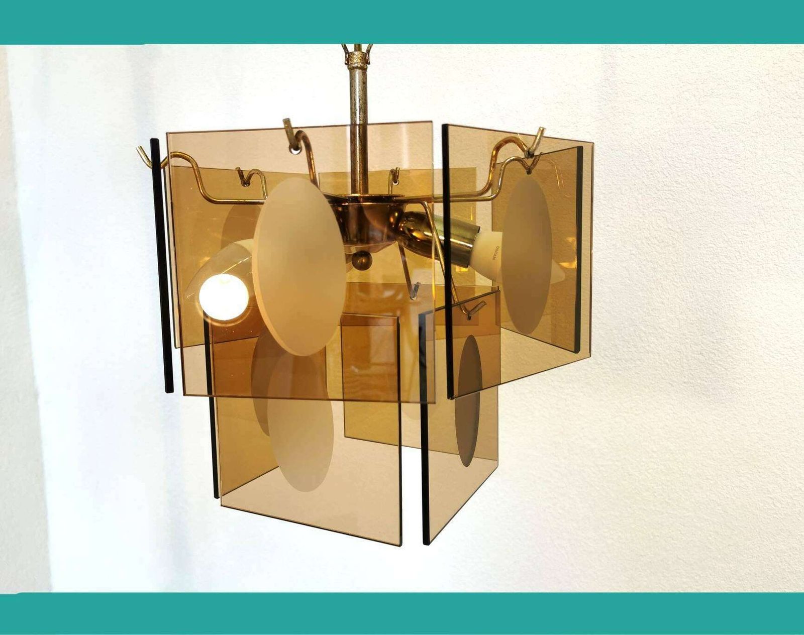 Mid Century Vistosi Chandelier / 1960s / Smoked Glass / Pendant Light / Italian Style / 10 Glass Discs / Midcentury / Made In Italy / Top