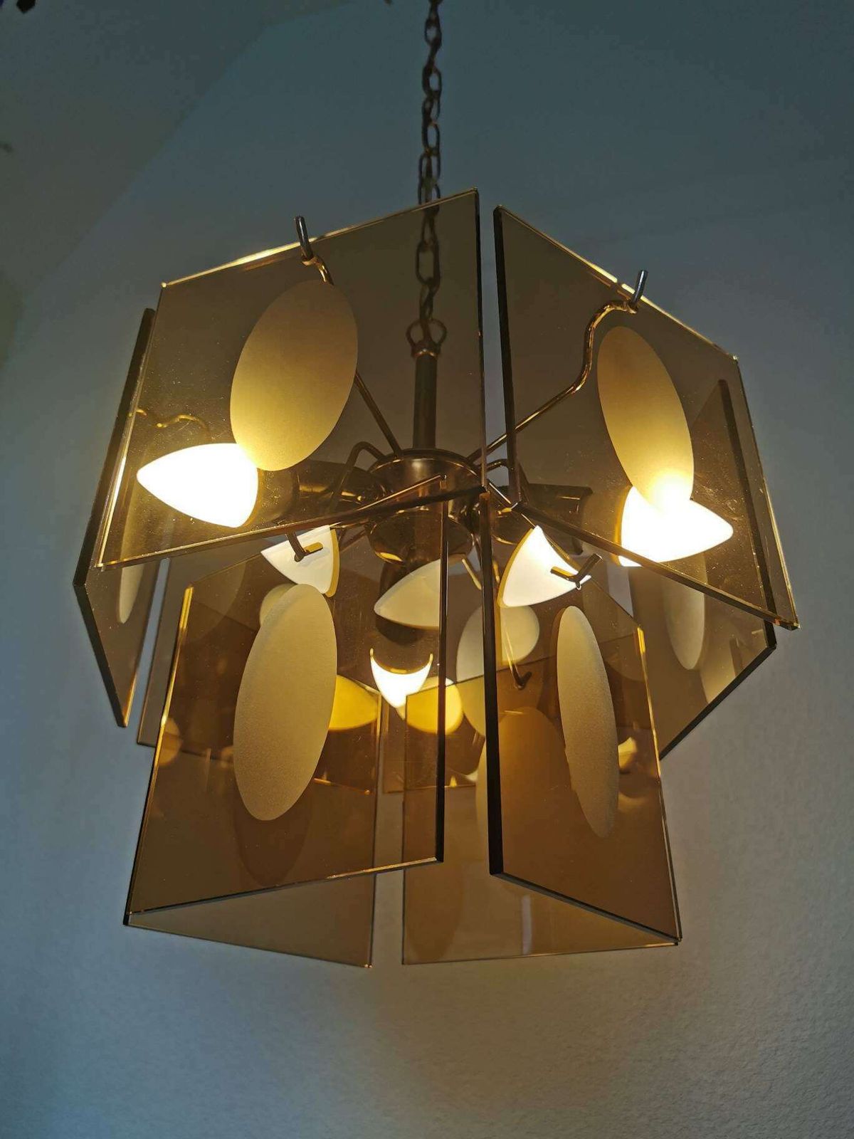 Mid Century Vistosi Chandelier / 1960s / Smoked Glass / Pendant Light / Italian Style / 10 Glass Discs / Midcentury / Made In Italy / Top photo buy