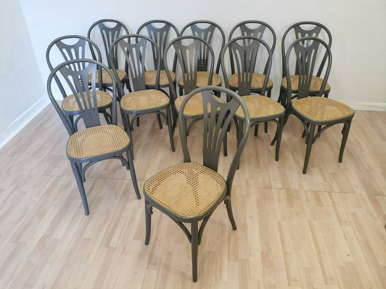 1 Of 14 Wooden Cane Gray Dining Chairs / Batch Thonet Style Bentwood Technique / Retro Bar Vintage Pub / Mcm / Bistro Dine Chair / Interior