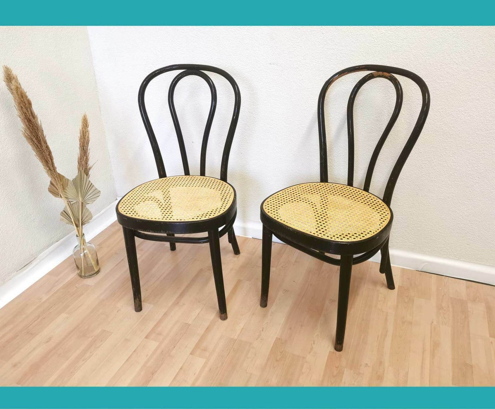 Set Of 2 Thonet Bentwood Style Chairs / Original Stol Kamnik / / Vintage / Dining Chair / Black Wood /Wicker Seat
