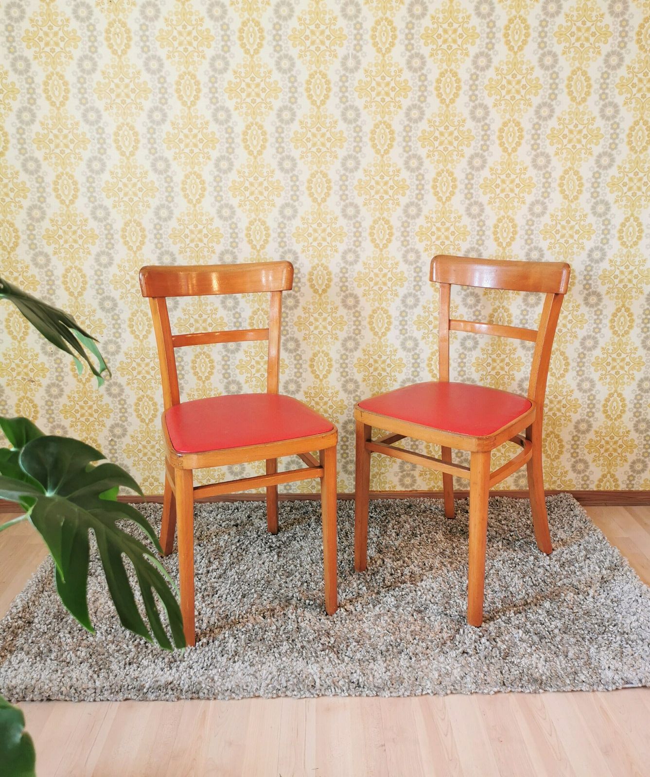Set Of 2 Vintage Wooden Chairs Made In Yugoslavia 1960s By Stol Kamnik Factory / Mid Century Dining Chairs / Red Leather Seats / Solid