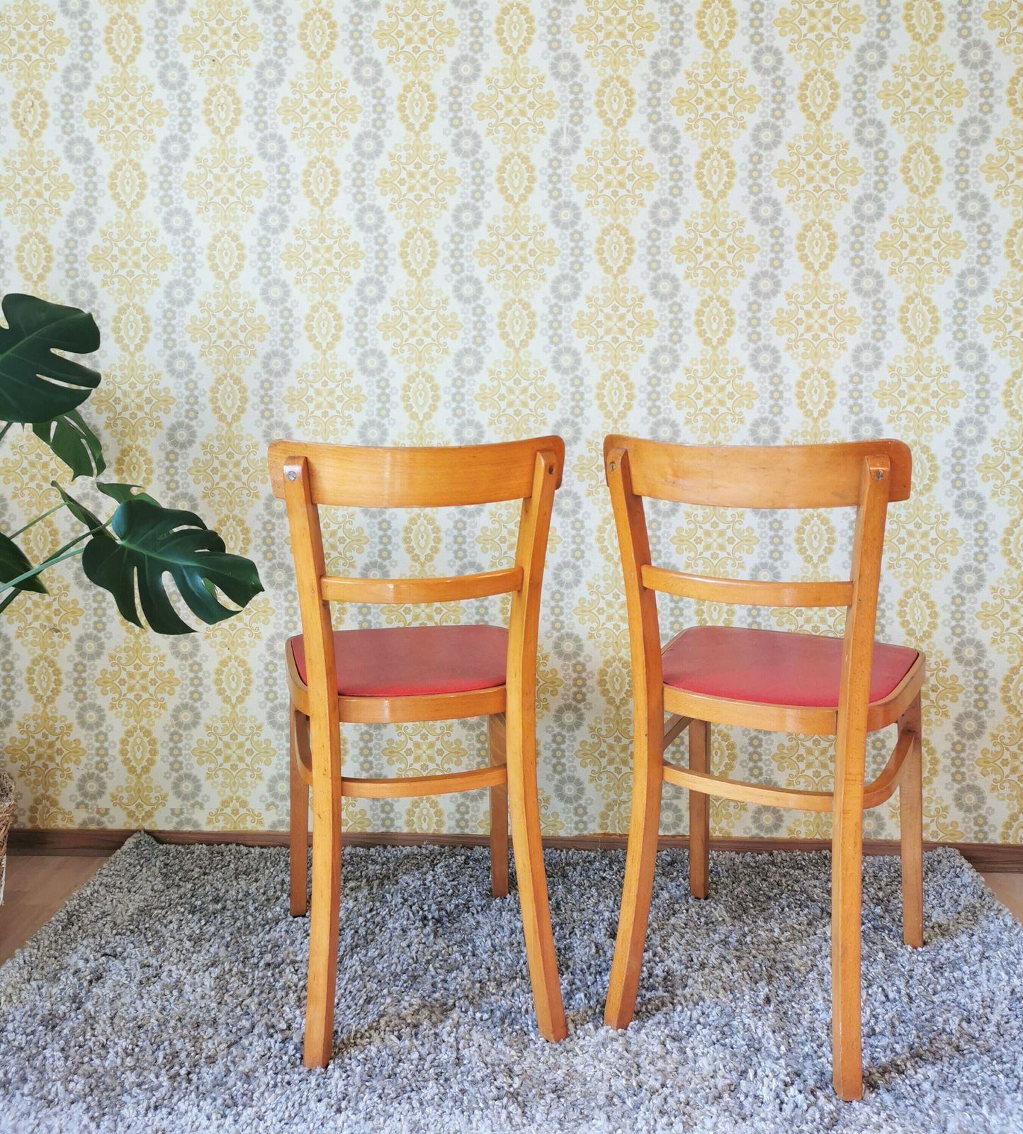 Set Of 2 Vintage Wooden Chairs Made In Yugoslavia 1960s By Stol Kamnik Factory / Mid Century Dining Chairs / Red Leather Seats / Solid photo buy