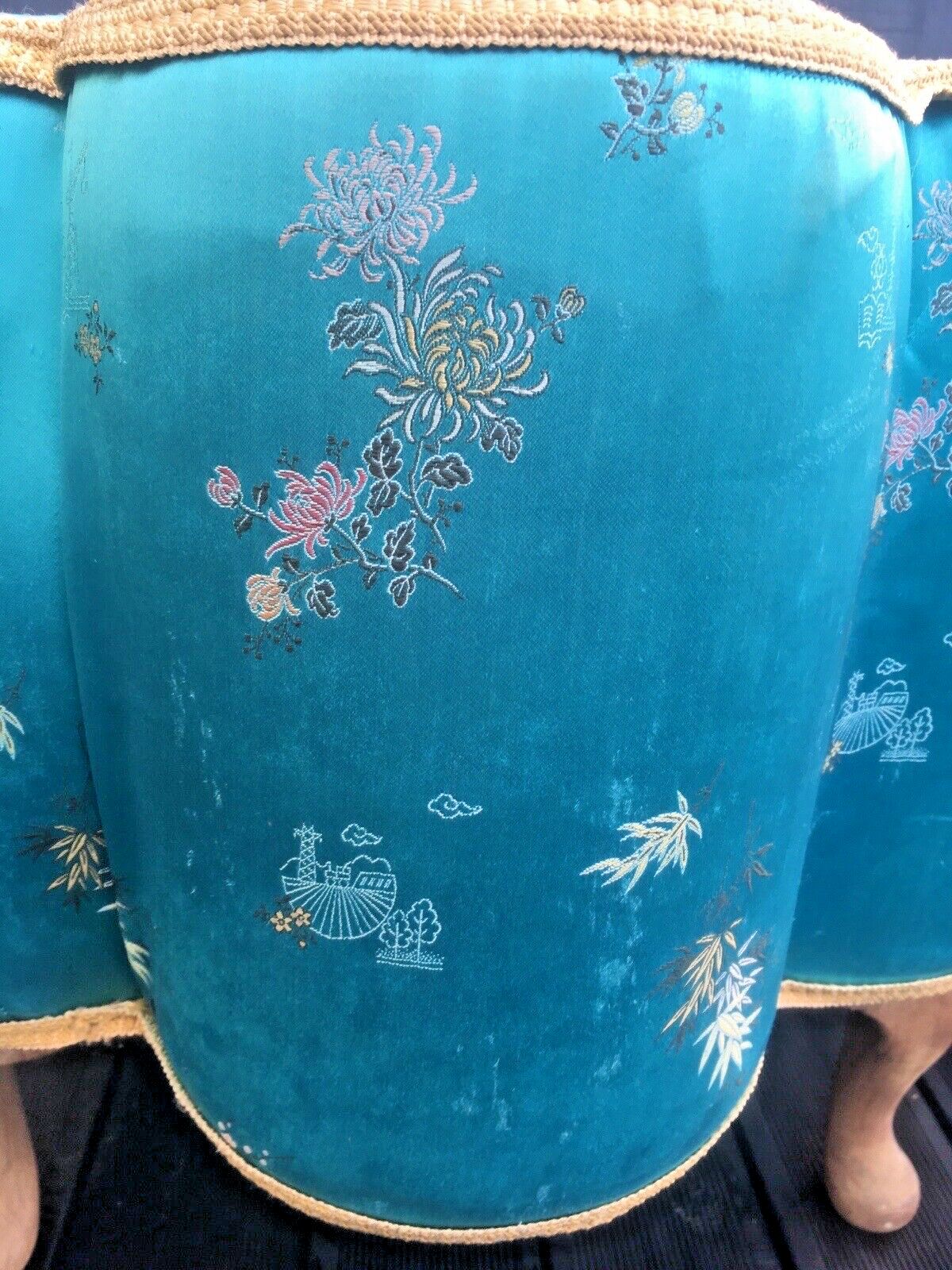 250.0 Vintage 1960's Oriental Silk Floral Flower Boudoir Foot Stool Pouffe Japonisme photo