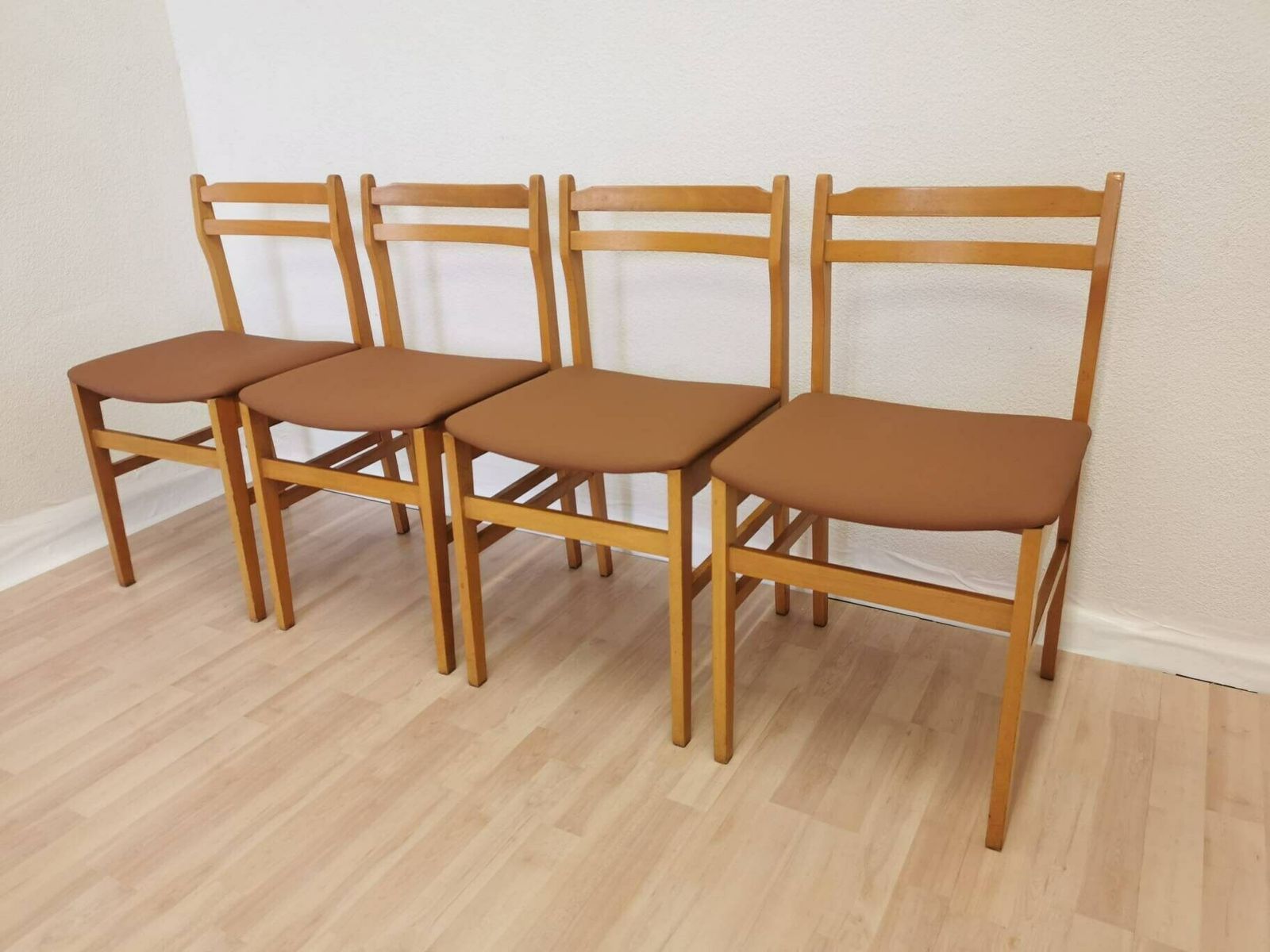 Set Of 4 Vintage Dine Chairs By Branko Ursic For Stol Kamnik, 1970s, Yugoslavia / Wooden Dining Chairs With Brown Leather Seat photo buy