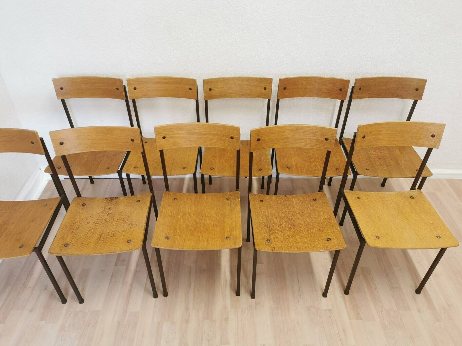 1 Of 30 Vintage School Square Chairs / Industrial Minimalist Dining Chair With Metal Frame And Wooden Seat / Mid Century Batch Of Dine Stool photo furniture