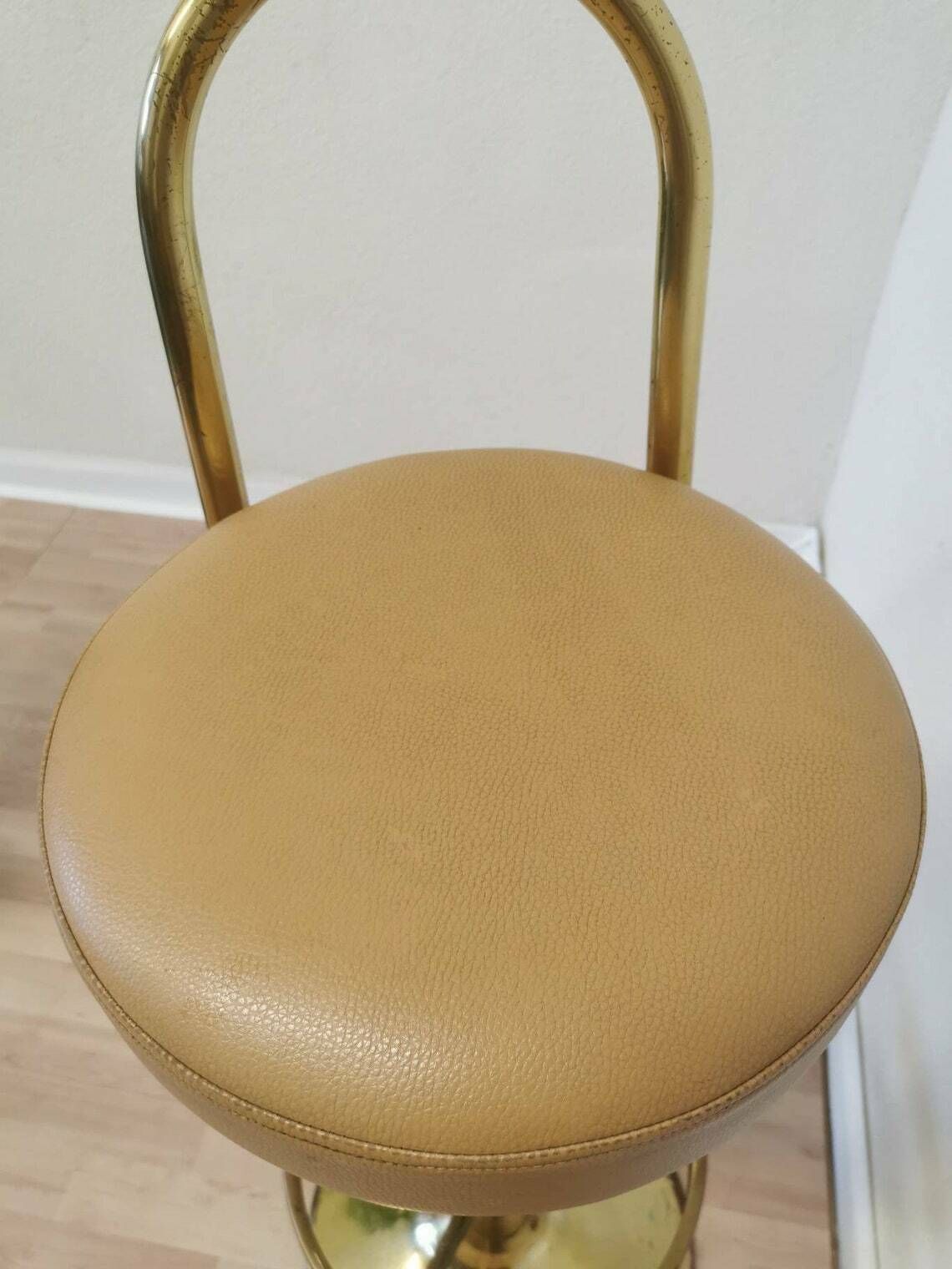 photo for sale Mid Century Modern Gold Bar Stool / Vintage Elegant Round High Chair / Brass And Leather / 1970s, Italian Design / Classy Pub Stool
