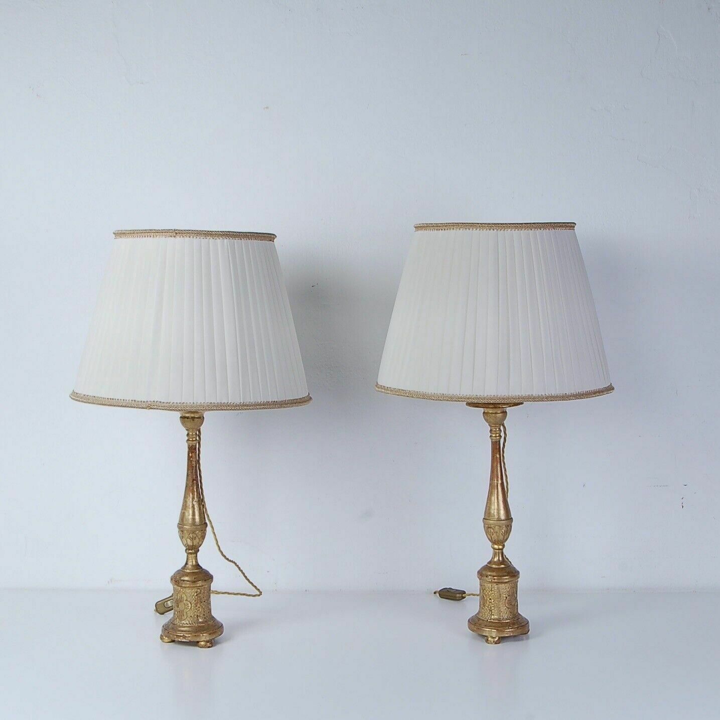 Pair Of Gold Leaf Wooden Candelabras From The Second Half Of The 19th Century, Electrified Lamps photo for sale