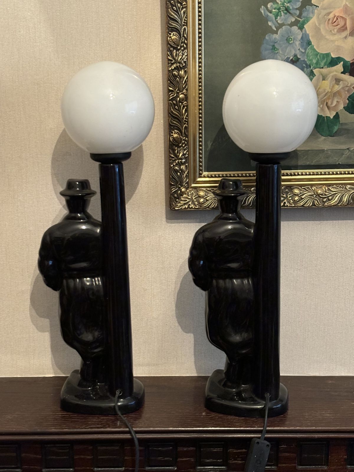 1980s Kitch Art Deco Revival Man At Lampost Ceramic Statue / Table Lamp photo furniture