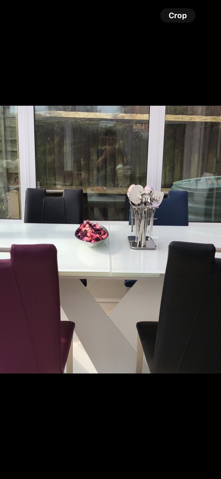 White Glass Extendable Dining Table With 6 Chairs photo furniture